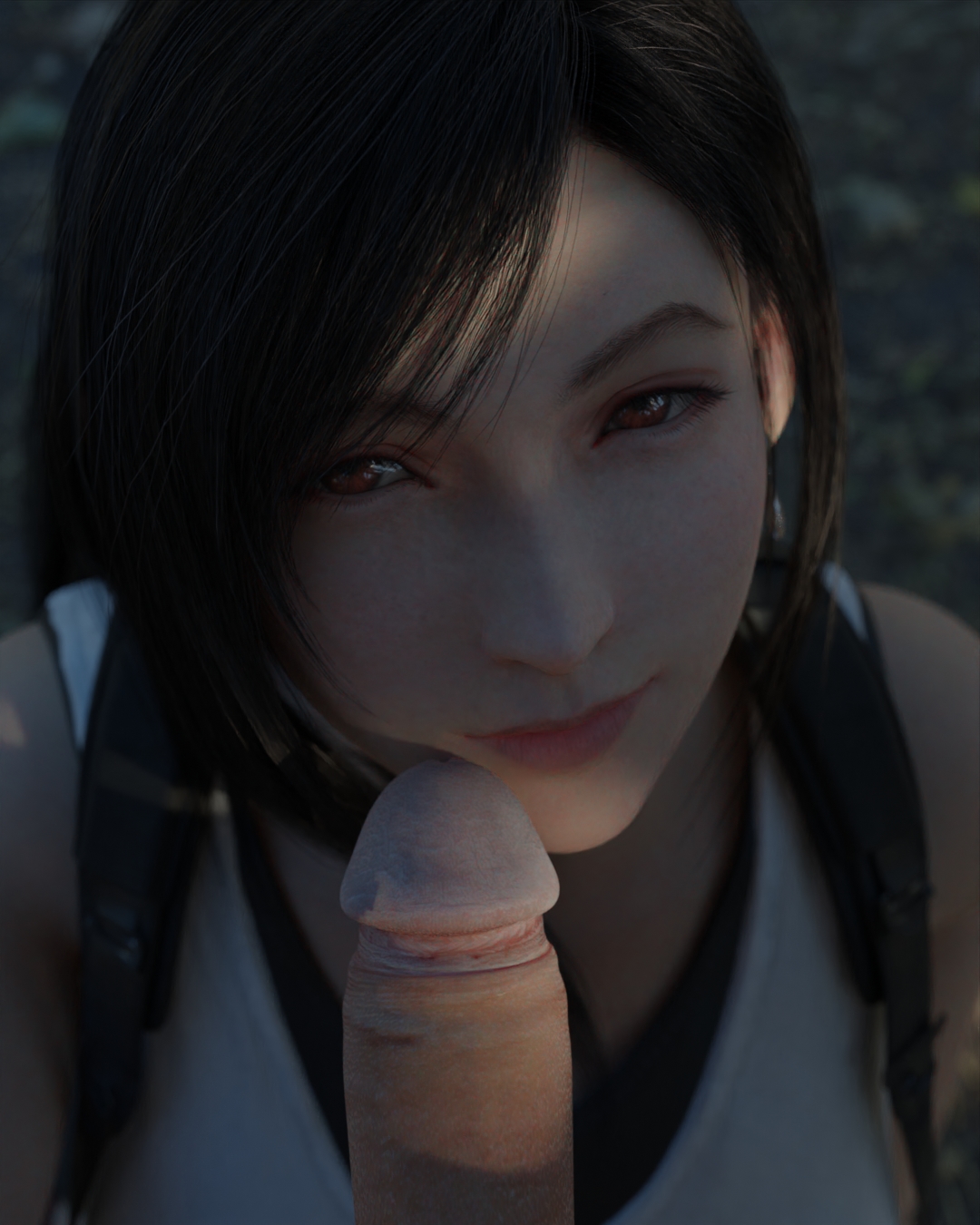 1boy, 1girls, 3d, big penis, black hair, close-up, eye contact, eyelashes, fellatio, female, final fantasy, final fantasy vii, fringe, imminent fellatio, imminent oral, kneeling, light skin, light-skinned male, long hair, male, naughty face, oral, outdoors, penis, pov, psuedodog, red eyes, red lipstick, seductive eyes, seductive look, slim, tifa lockhart