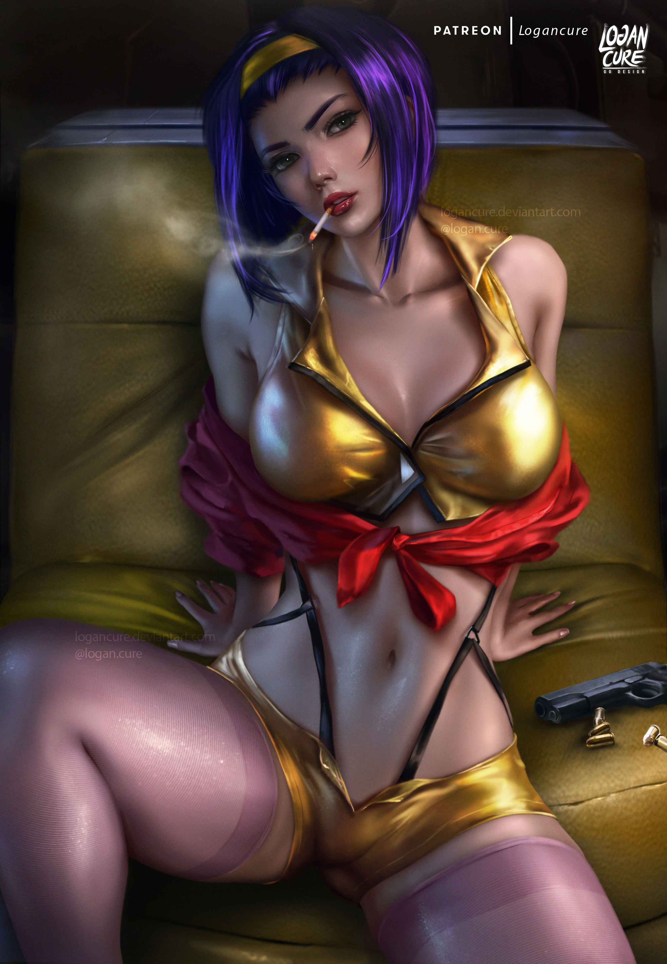 1girls, absurdres, breasts, cigarette, cleavage, clothed, cowboy bebop, faye valentine, female, female only, grey eyes, hairband, highres, human, large breasts, light skin, light-skinned female, lipstick, logan cure, looking at viewer, midriff, navel, pale skin, pale-skinned female, pinup, purple hair, revealing clothes, short hair, short shorts, shorts, smoking, solo, stockings, toned, toned female