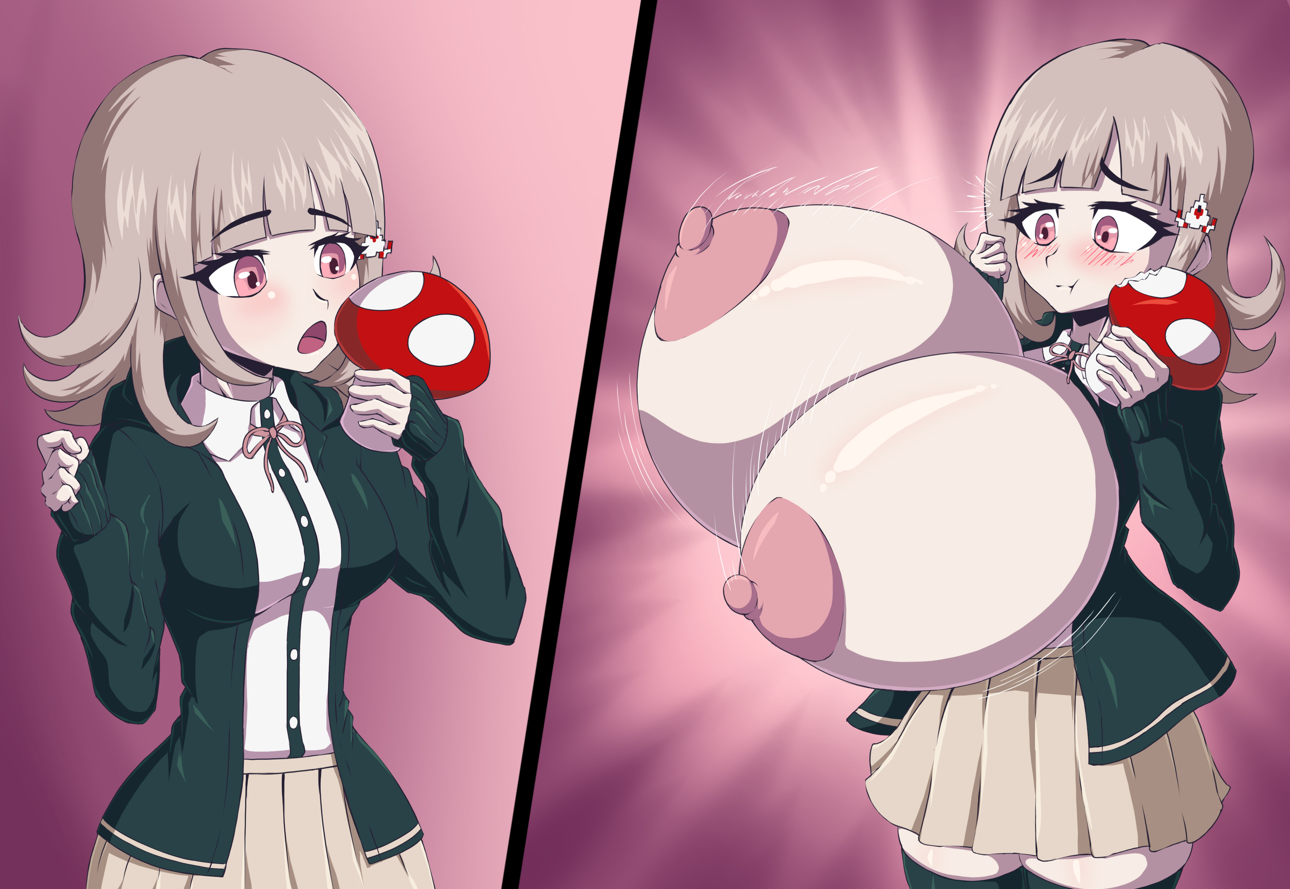 bosomancer, breast expansion, breast growth, breast growth (enlargement), breasts, breasts bigger than head, bursting breasts, danganronpa, danganronpa 2: goodbye despair, expansion, female, fetish, gigantic breasts, inflation, mario (series), mushroom, nanami chiaki, pink eyes, pink hair, straight hair, super mushroom