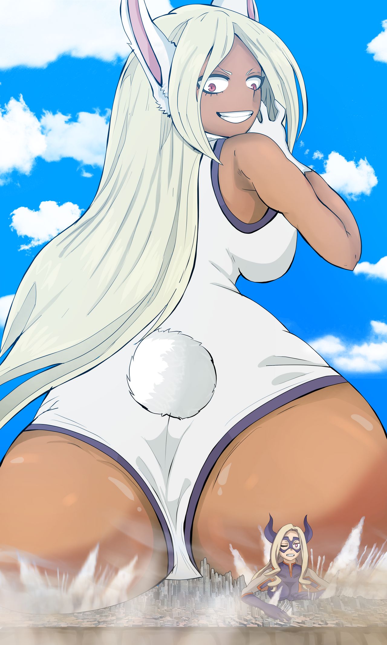 butt crush, female, giantess, miruko, mount lady, my hero academia, rumi usagiyama, size difference, yuu takeyama