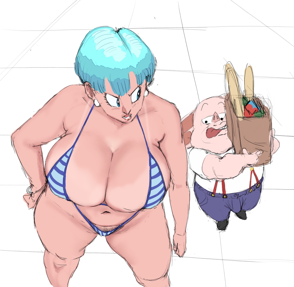 angry expression, big breasts, bikini, blue eyes, blue hair, breasts, bulge, bulma briefs, cleavage, dragon ball, dragon ball z, female, grocery bag, large breasts, milf, oolong, zetomeso