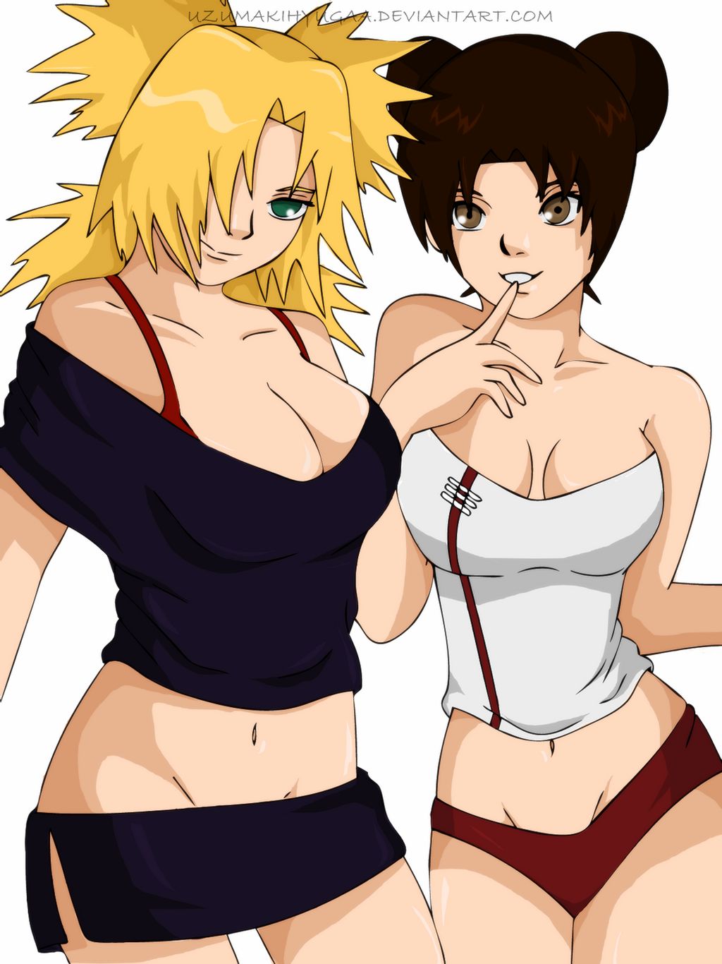 2girls, blonde hair, bra, breasts, brown eyes, brown hair, cleavage, curvy, female, green eyes, large breasts, naruto, naruto (series), naruto shippuden, no bra, panties, smile, temari, tenten, tight clothing, voluptuous, white background