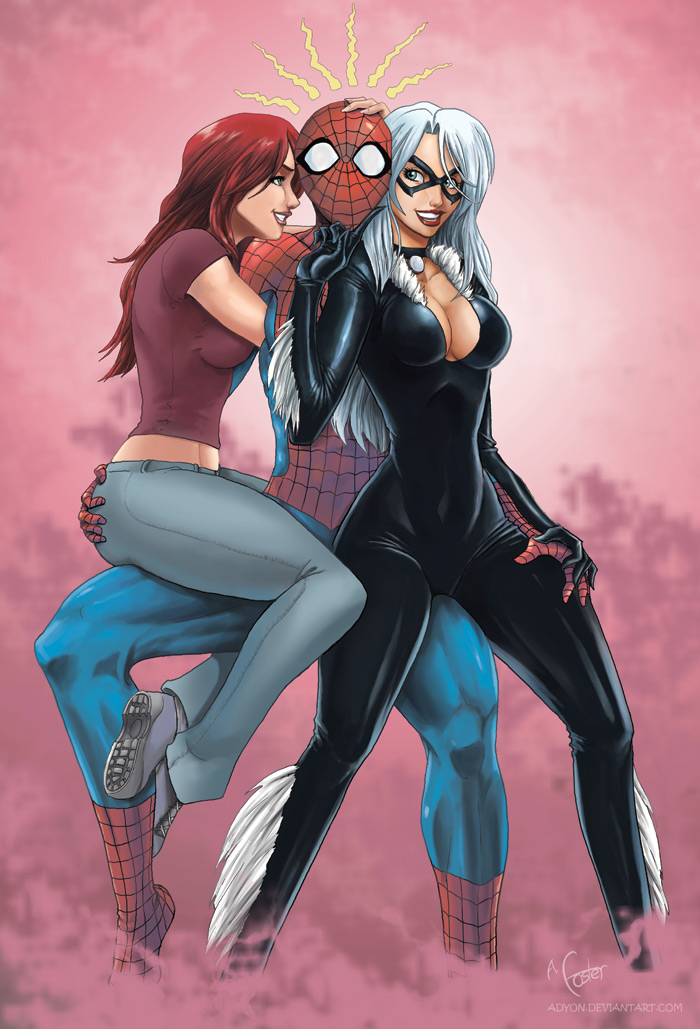 1boy, 2girls, adyon, apple butt, ass, ass grab, big ass, big breasts, black cat (marvel), breasts, busty, cleavage, commission, costume, curvaceous, curves, curvy, curvy body, curvy female, curvy figure, curvy hips, deviantart, domino mask, felicia hardy, female, hero, heroine, hips, huge breasts, imminent threesome, large breasts, long hair, makeup, male, marvel, marvel comics, mary jane watson, mask, masked, mature, mature female, mature male, multiple females, multiple girls, ot3, outfit, panties, peter parker, pinup, polyamory, presenting, red hair, red lips, red lipstick, smile, spider-man, spider-man (series), straight, straight hair, superhero, superheroine, throuple, voluptuous, waist, watermark, white hair, wide hips