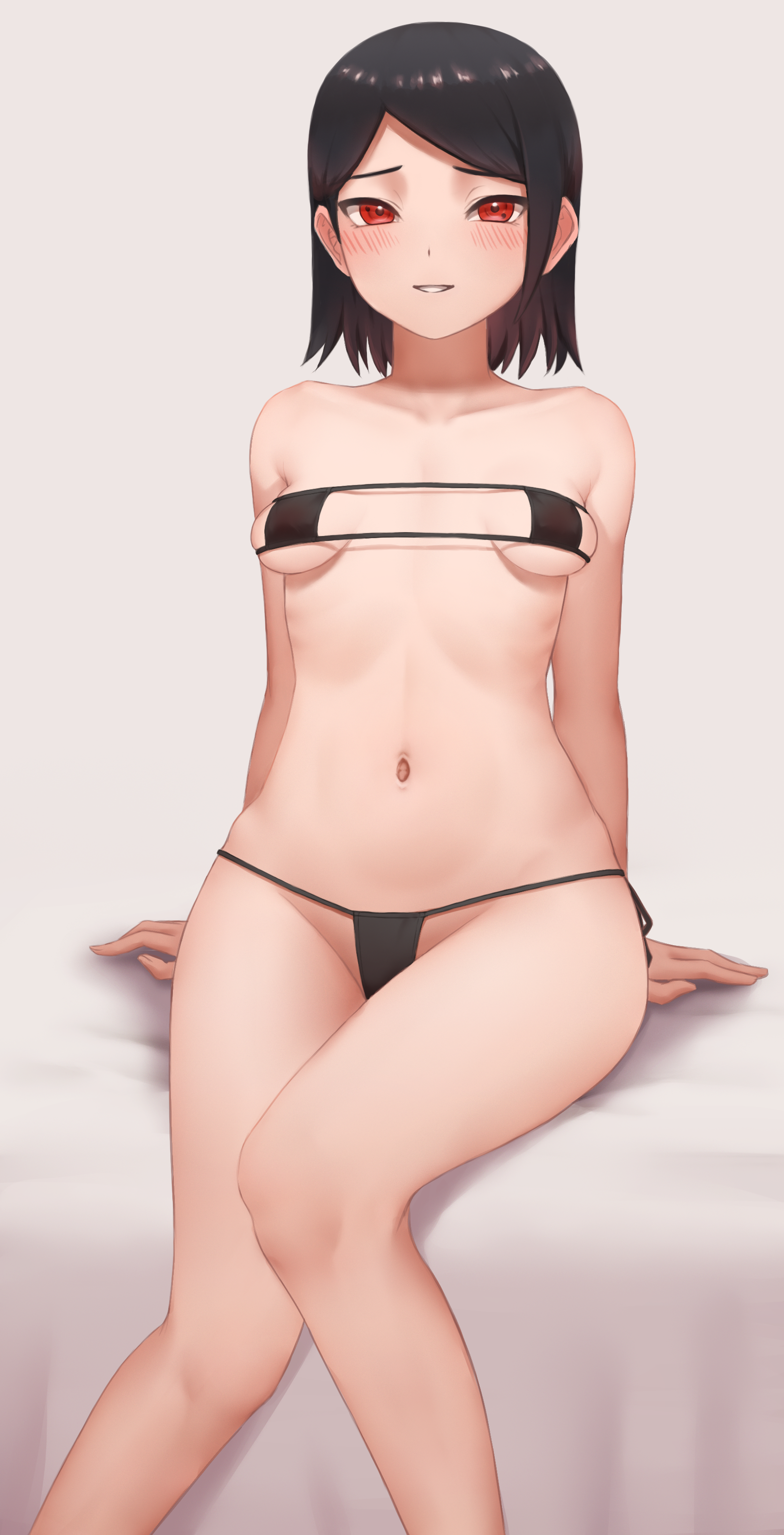 1girls, bare arms, bare legs, bare shoulders, bed, bed sheet, bikini, black hair, blush, boruto: naruto next generations, breasts, cleavage, clothed, clothed female, eyepatch bikini, female, female focus, female only, g-string, glasses, legs, legs together, light skin, light-skinned female, looking at viewer, micro bikini, miru (wvjc7832), naruto, naruto (series), nipples, pale skin, pale-skinned female, panties, perky breasts, petite, pov, pov eye contact, sarada uchiha, short hair, sideboob, simple background, sitting, small breasts, solo, solo female, solo focus, swimsuit, thighs, thong, underboob, underwear, visible nipples, voluptuous, young