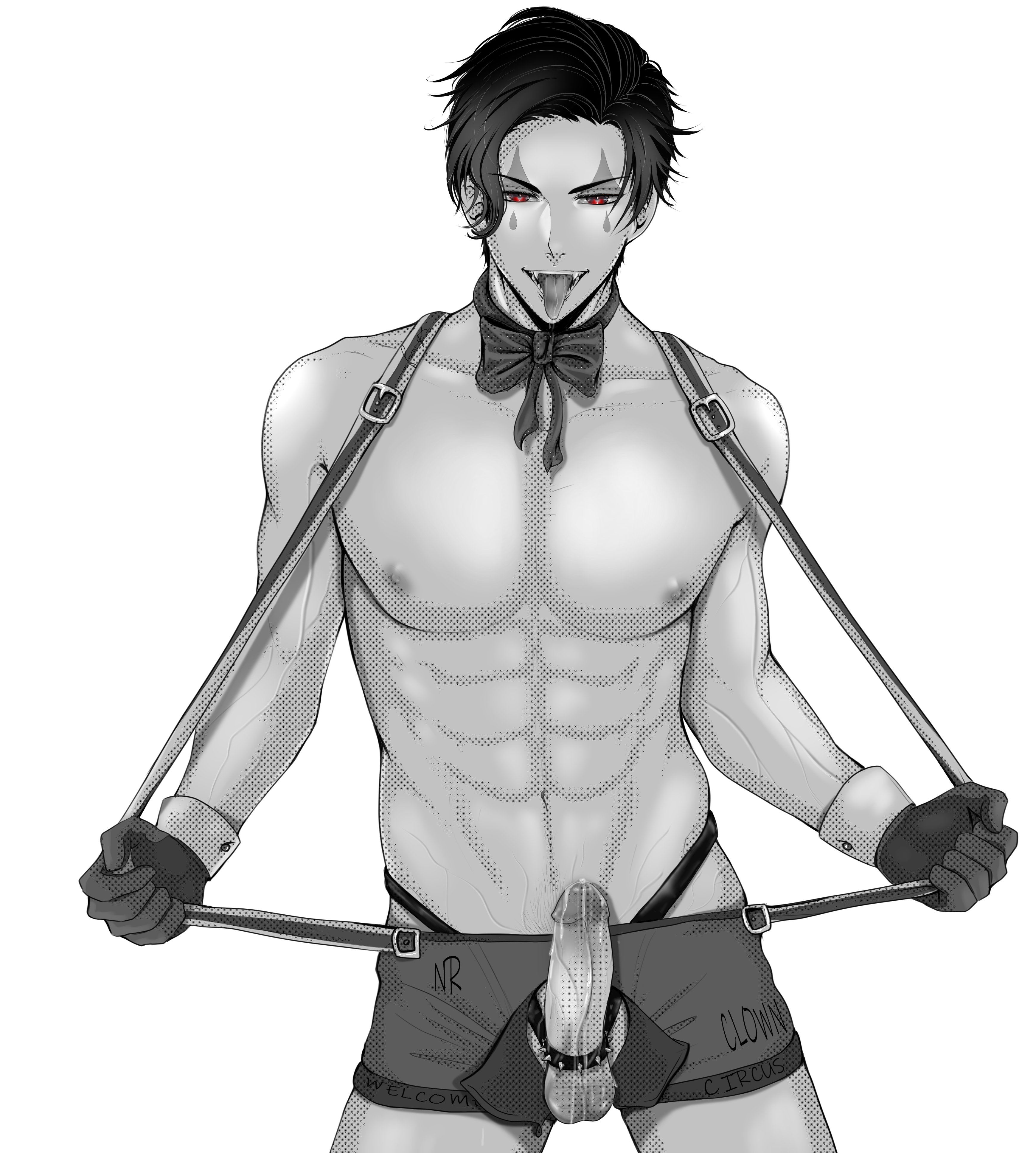 abs, balls, black and white, bowtie, boxer briefs, clown makeup, cock ring, erection, excessive precum, lucifer (obey me), male, male only, obey, obey me! one master to rule them all, penis, precum, shirtless, shorts, simple background, spiked cock ring, suspenders, testicles, tongue, tongue out