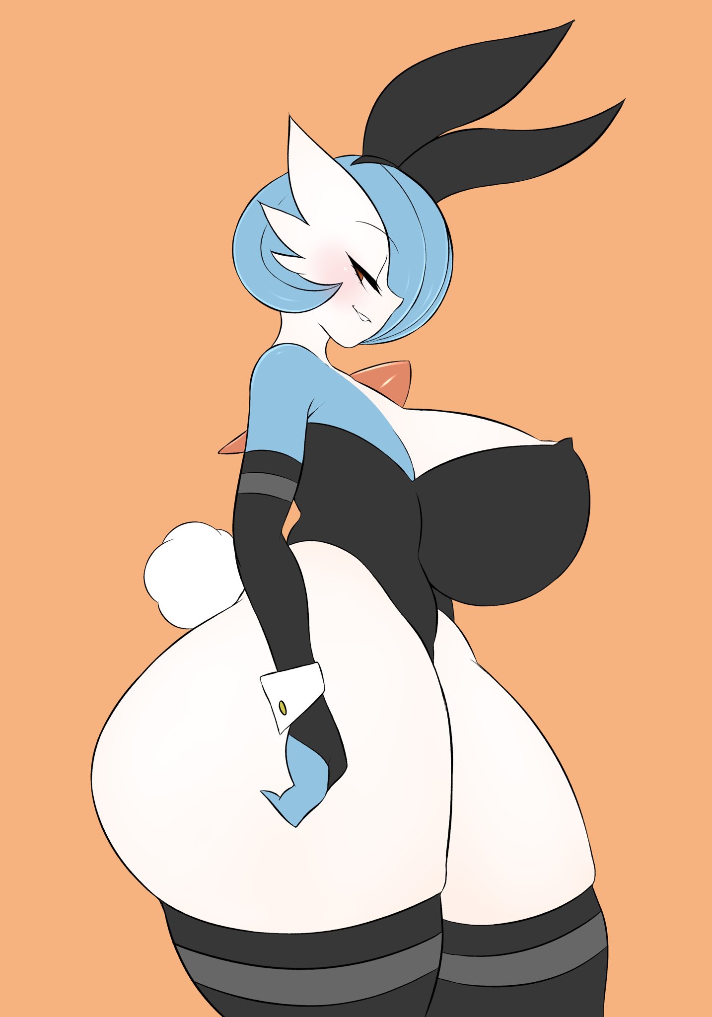 1girls, anthro, blue hair, breasts, bunnysuit, eye contact, female, female pokemon, gardevoir, half-closed eyes, huge breasts, huge thighs, looking at viewer, nintendo, orange background, pokémon (species), pokemon, pokemon (species), pokemon rse, saltyxodium, shiny pokemon, skindentation, thick thighs, thigh gap, thighhighs, thighs, white skin, wide hips