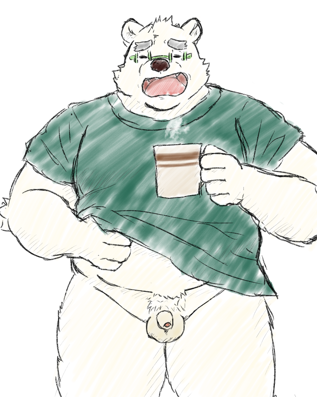 2020 4:5 anthro balls closed_eyes clothing eyewear fur genitals glasses hi_res kemono leib_(tokyo_afterschool_summoners) male male_only mammal overweight overweight_anthro overweight_male penis polar_bear shirt simple_background solo tired tokyo_afterschool_summoners topwear ursid ursine video_games white_background white_body white_fur yaki_atsuage