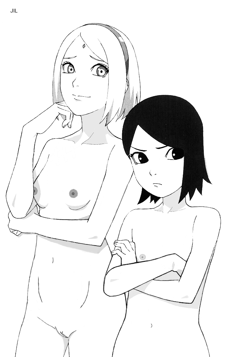 2girls, accurate art style, black hair, boruto: naruto next generations, breasts, edit, female, female only, flat chest, line art, monochrome, mother and daughter, naked, naruto, naruto (series), nude filter, official art, sakura haruno, sarada uchiha, small breasts