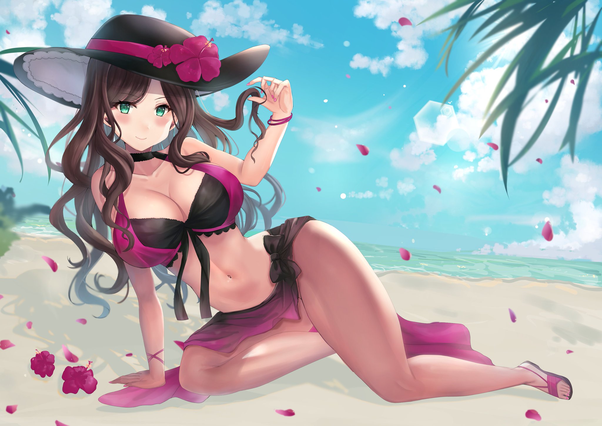 1girls, bad id, bad pixiv id, bare legs, beach, bikini, black bikini, blush, breasts, brown hair, cleavage, collarbone, dorothea arnault, dorothea arnault (summer), female, fire emblem, fire emblem heroes, fire emblem: three houses, green eyes, hat flower, hi res, huge breasts, large breasts, long hair, looking at viewer, nintendo, ocean, pink bikini, sandals, seaside, smile, solo, summer, swimsuit, wide hips, yui (msy1302mana)