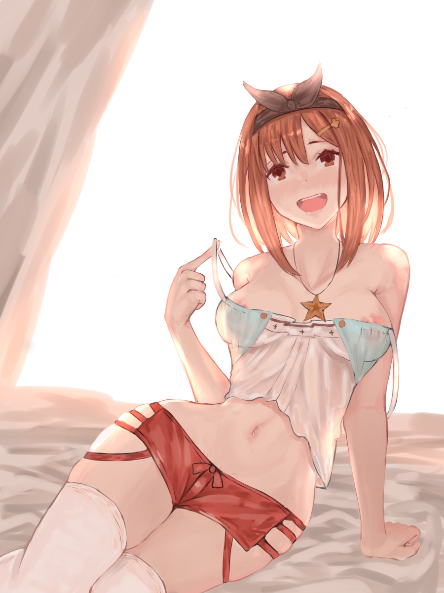 1girls areolae atelier_(series) atelier_ryza bakaichisan bangs breasts brown_eyes brown_hair clothed_female female hair_ornament hairband hairclip looking_at_viewer navel reisalin_stout short_shorts star_necklace thighhighs thighs upper_teeth