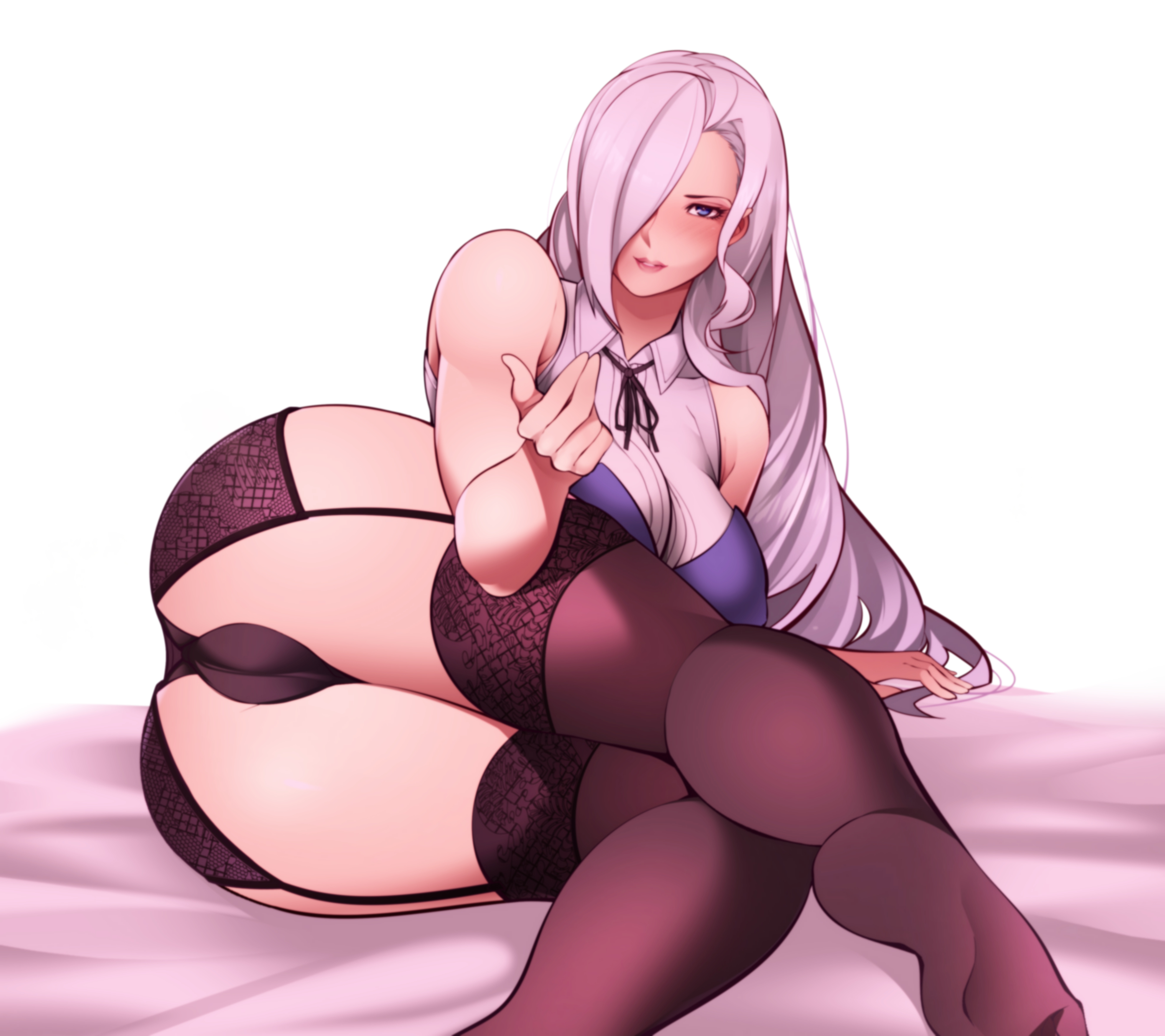 1girls, absurd res, artist name, ass, ass focus, big ass, big breasts, blue eyes, breasts, cameltoe, curvy, female, female only, groin, hair over one eye, hi res, high resolution, huge ass, huge breasts, invitation, light-skinned female, long hair, nachocobana, pose, pussy, rwby, silver hair, solo, solo female, stockings, teasing, thick thighs, very high resolution, voluptuous, winter schnee
