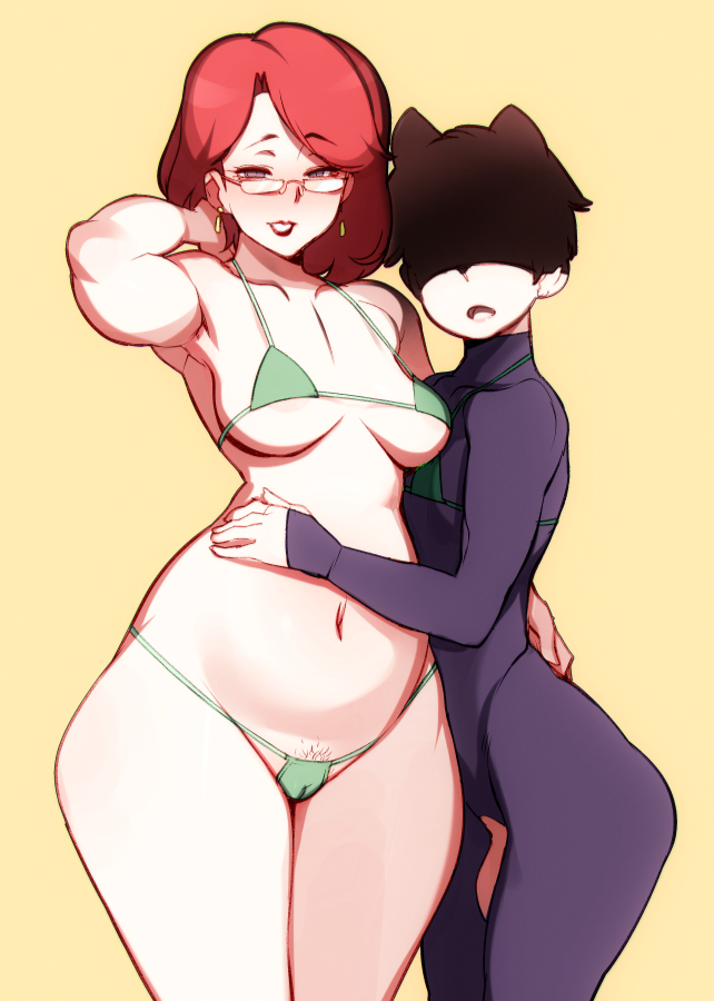 1boy, 1girls, blush, bra, breasts, cameltoe, cleavage, doxy, female, femboy, femboy on female, girly, glasses, hair over eyes, hetero, looking at viewer, male, male/female, milf, panties, penis, pubic hair, pussy, straight, trap