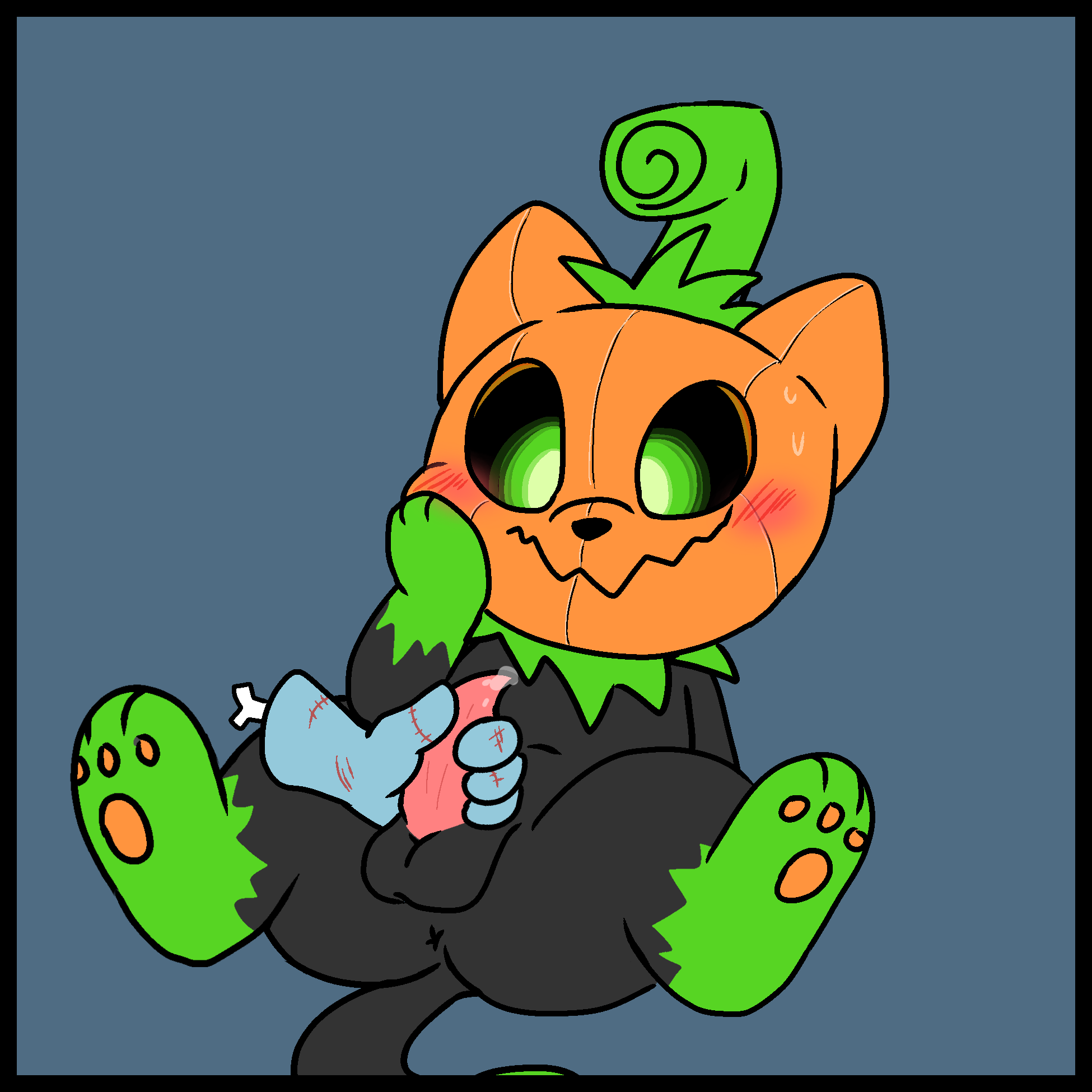 1:1, acstlu, anus, balls, black body, blush, bodily fluids, disembodied hand, domestic cat, embarrassed, feet up, felid, feline, felis, feral, food, fruit, genital fluids, genitals, glowing, glowing eyes, halloween, handjob, hi res, holidays, male, male only, mammal, muffinlewds, pawpads, penile, penis, plant, pumkat, pumpkin, pumpkin head, raised leg, sex, smile, solo, solo focus, spread legs, spreading
