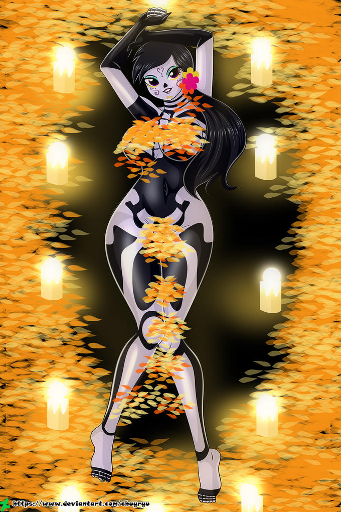 1girls black_hair bodypaint breasts candle catalina_la_catrina chuyryu dia_de_los_muertos female hair_flower leaves long_hair pinup ponytail purple_eyes purple_skin skeleton yellow_sclera