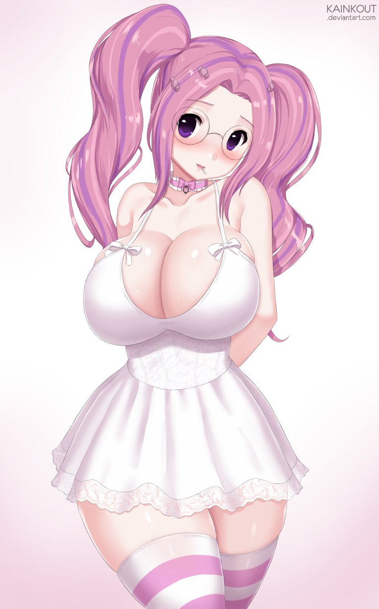 arms behind back, big breasts, blush, breasts, cute, female, huge breasts, kainkout, nervous, nervous smile, pale skin, pigtails, pink hair, purple eyes, shy, skirt, thick, thick thighs, thighhighs, thin, thin waist, wide hips