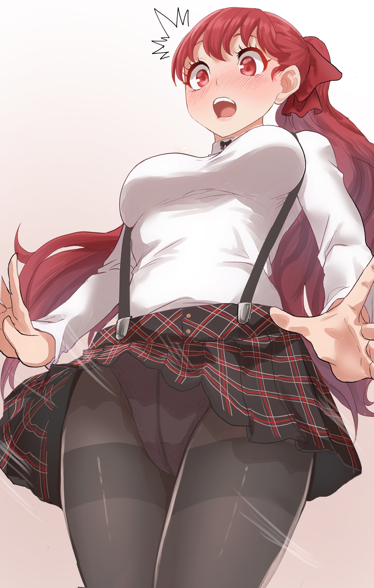 atlus big_breasts blush breast cute eyelashes eyeliner kasumi_yoshizawa kurosususu long_hair open_mouth panties pantyhose persona persona_5 persona_5_royal red_eyes red_hair shocked_expression skirt skirt_lift source_request sumire_yoshizawa surprised surprised_expression suspenders tagme thighband_pantyhose thighs thin_waist