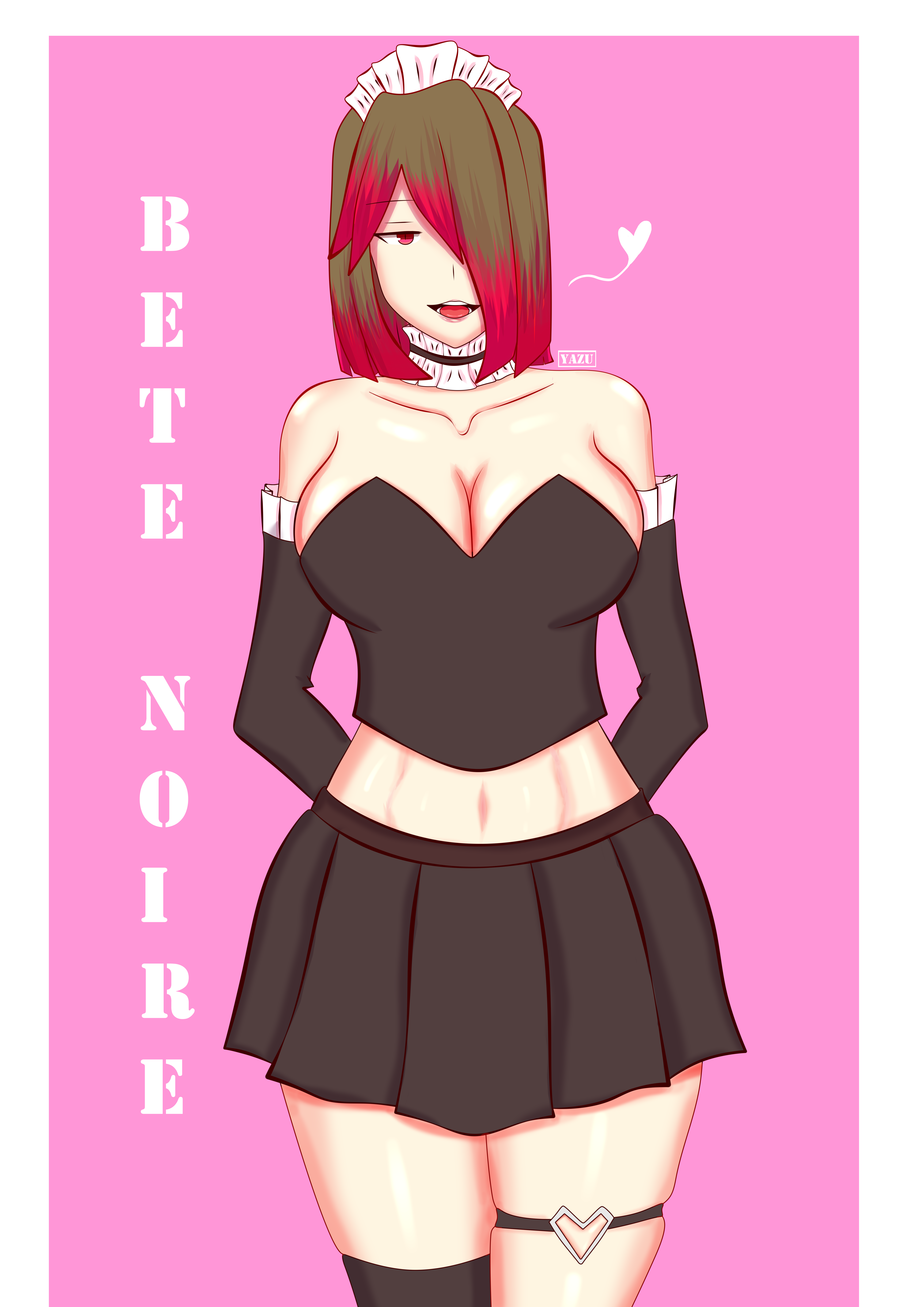 1girls, bete noire, breasts, brown hair, female, female only, glitchtale, gloves, huge breasts, large breasts, leg belt, legwear, long gloves, looking at viewer, looking forward, maid, maid uniform, midriff, pink hair, pink highlights, tagme, thick thighs, thighhighs, undertail, undertale, undertale fanfiction, white skin, yazu (artist), yazuel aliel