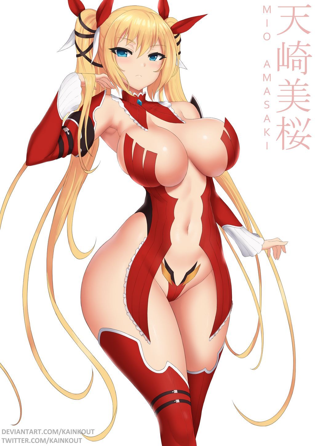 belly, belly button, big breasts, blonde hair, blue eyes, blush, breasts, curvy, eyelashes, eyeliner, female, hourglass figure, kainkout, looking at viewer, pigtails, thick, thick thighs, watermark, white background