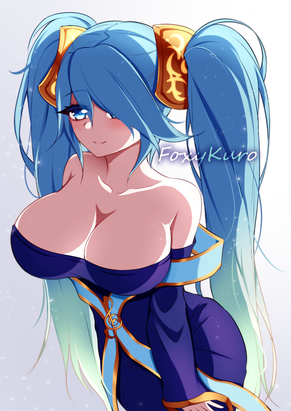 1girls artist_name bare_shoulders blue_dress blue_eyes blue_hair breasts cleavage female female_focus foxykuro hair_over_one_eye large_breasts league_of_legends sona_buvelle strapless_dress twintails very_long_hair