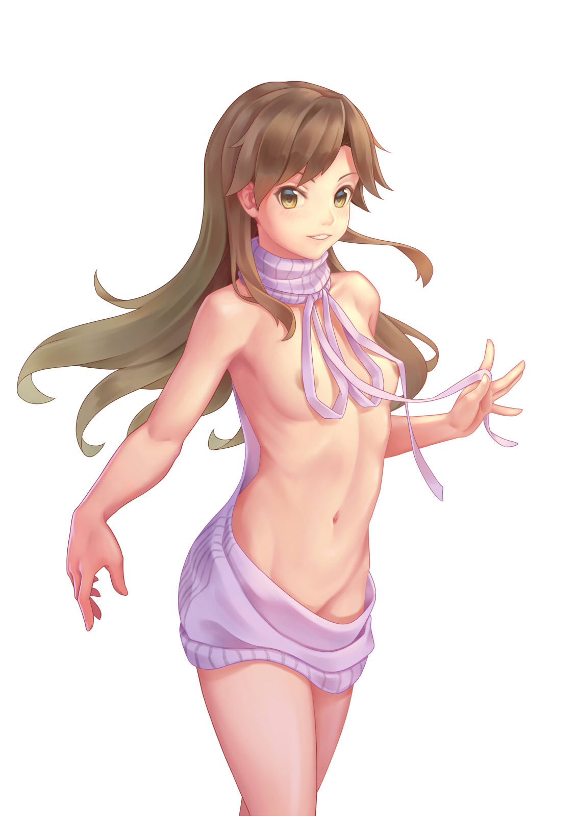 backwards virgin killer sweater, bigrbear, breasts, brown eyes, brown hair, female, female only, human, long hair, navel, nipples, no bra, no panties, reverse virgin killer sweater, slim, small breasts, smile, sweater, virgin killer sweater, wardrobe error