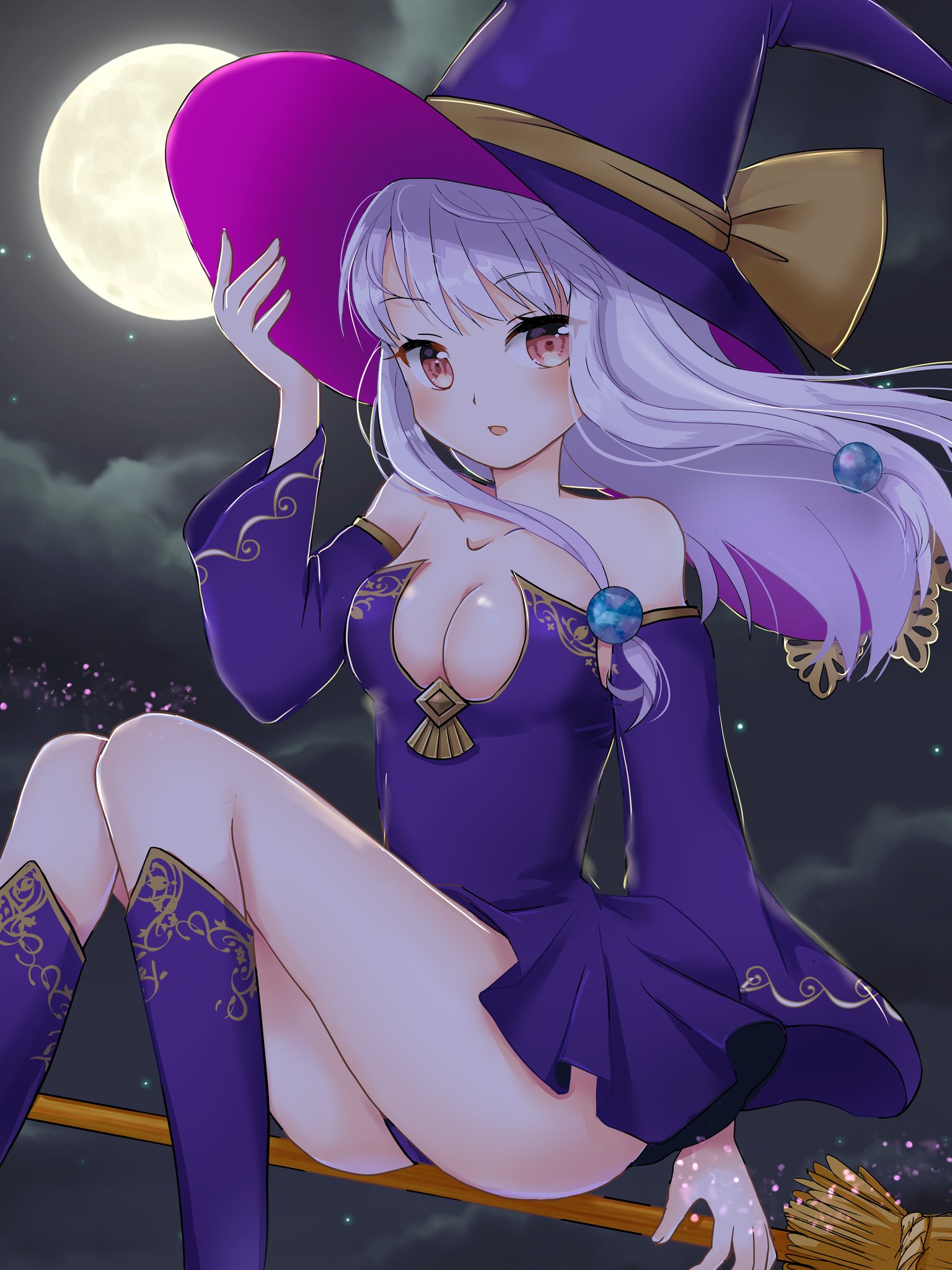 1girls, alternate costume, bare legs, breasts, broom, broom riding, cleavage, female, fire emblem, fire emblem: three houses, full moon, halloween, halloween costume, hat, highres, large breasts, long hair, long sleeves, looking at viewer, luseogliflozin, lysithea von ordelia, moon, night, night sky, nintendo, open mouth, pink eyes, safe, sky, solo, white hair, witch, witch hat