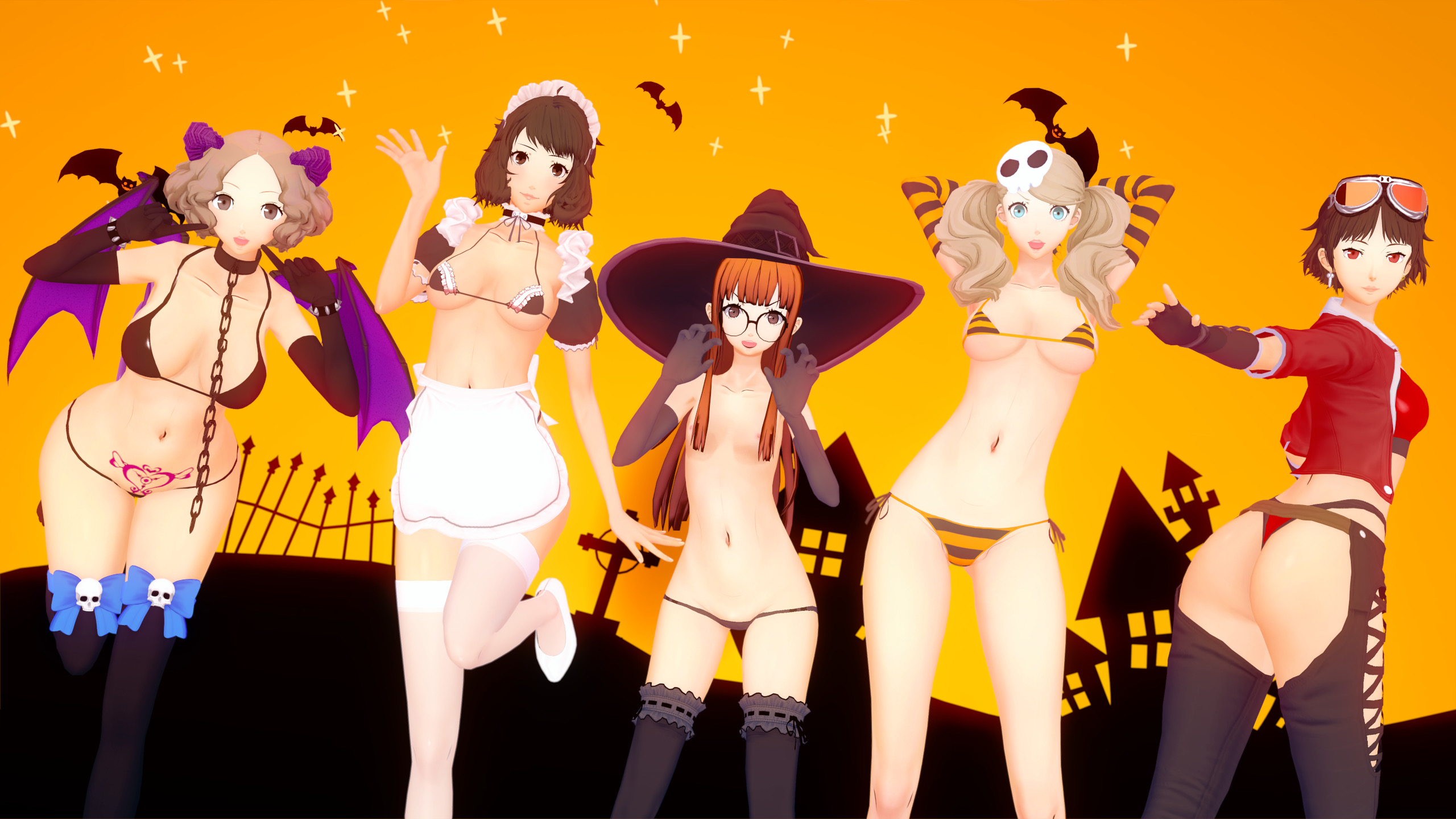 3d, 5girls, ann takamaki, female, halloween, halloween costume, haru okumura, koikatsu, makoto niijima, multiple females, multiple girls, persona, persona 5, sadayo kawakami, sakura futaba