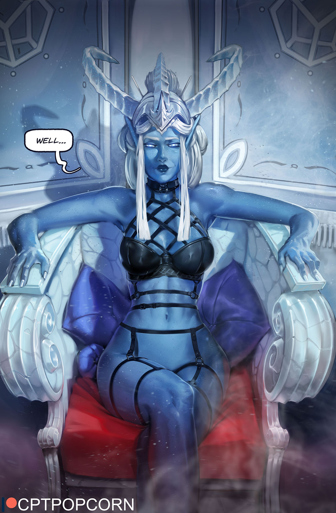 abs altar athletic_female blue_nipples blue_skin breasts bright_pupils cptpopcorn critical_role critical_role:_the_mighty_nein dark_elf dungeons_and_dragons freckles leylas_kryn the_bright_queen white_hair