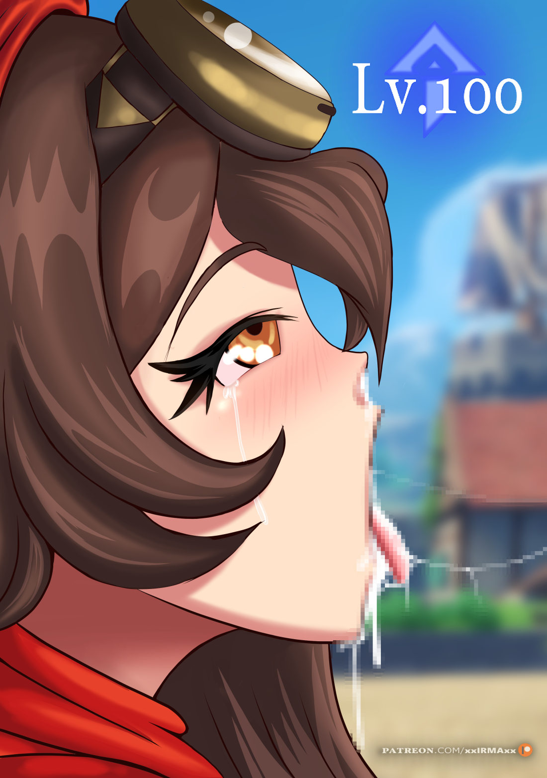 after deepthroat, after oral, amber (genshin impact), blowjob, brown hair, censored, crying, crying with eyes open, cum in mouth, cum in throat, cum out nose, cumshot, dark skin, dark-skinned male, eyes half open, fellatio, female, fringe, genshin impact, male, mihoyo, mosaic censoring, oral, teenager, tongue, tongue out, xxirmaxx, yellow eyes