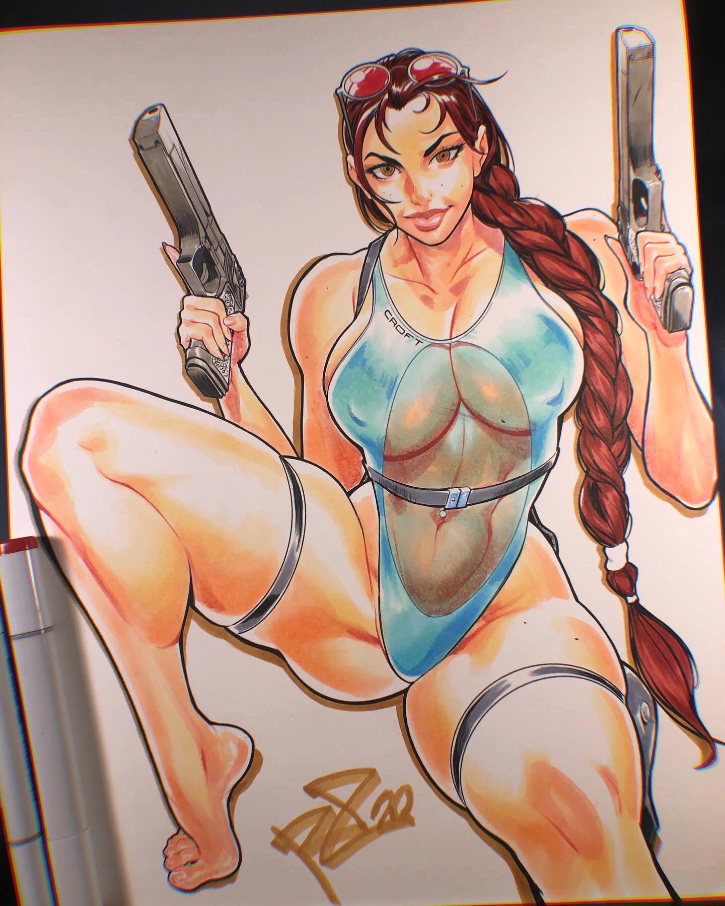 artist_name artist_signature ass_visible_through_thighs athletic_female barefoot beauty_mark belt blue_bodysuit blue_leotard blue_swimsuit braided_ponytail braless breasts brown_eyes brown_hair character_name cleavage copic copic_markers eyewear eyewear_on_head feet female female_focus female_only firearm gun guns handgun highres holding_object holding_weapon holding_weapons hourglass_figure human lara_croft lara_croft_(classic) legwear long_hair milf mole_on_thigh negarobo nipples_bulge no_shoes pale-skinned_female pale_skin photo_(medium) posing red_glasses slim_waist sunglasses_on_head swimsuit swimwear thick_lips thick_thighs thighs tomb_raider traditional_media_(artwork) twitter twitter_username weapon