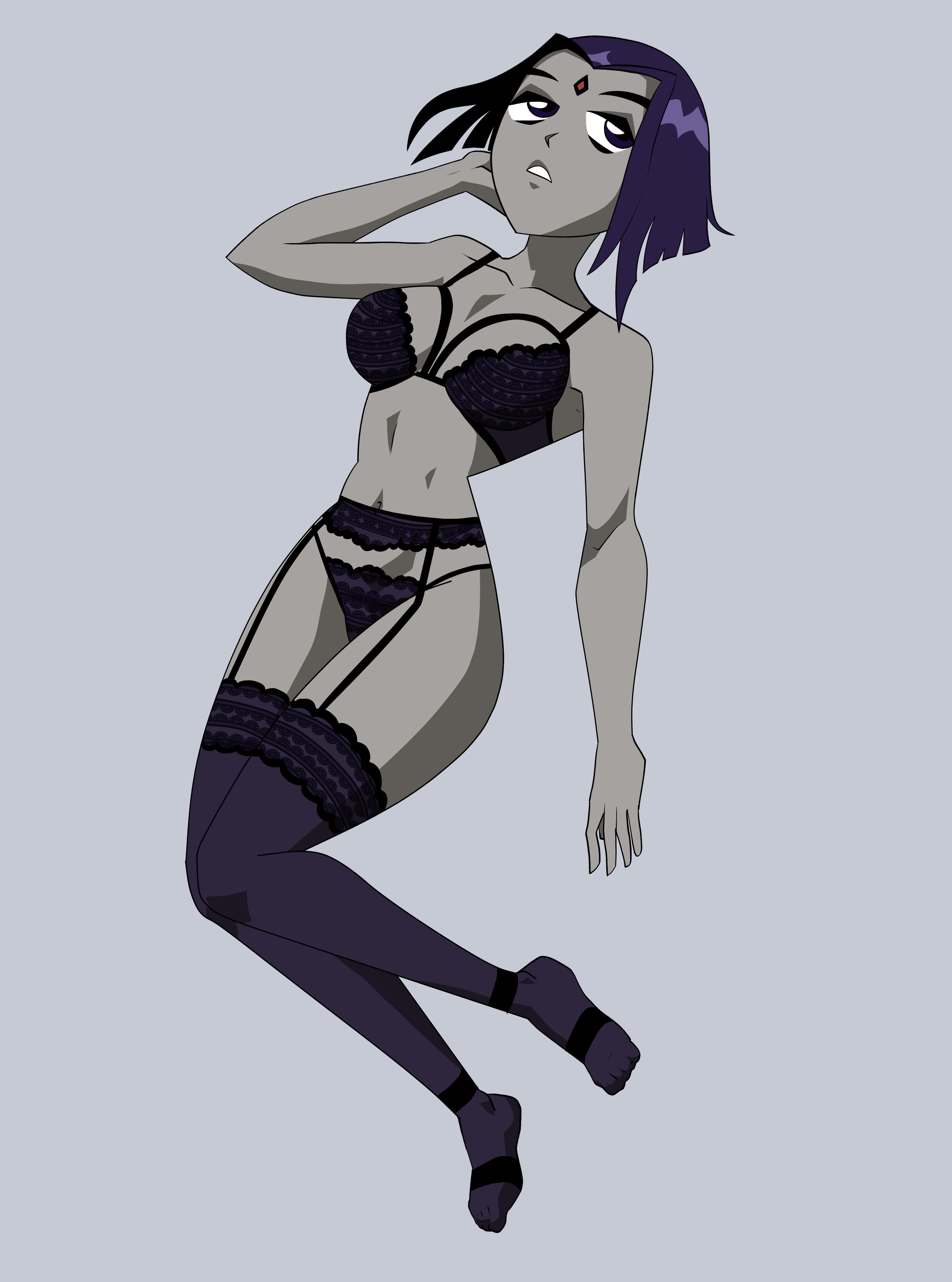 1girls, bob cut, bra, cartoon network, dc, dc comics, drpizzaboi1, female, female only, forehead jewel, garter belt, garter straps, grey skin, hand behind head, lingerie, looking away, midriff, navel, plain background, purple eyes, purple hair, rachel roth, raven (dc), short hair, straight hair, teen titans, thighhighs, underwear