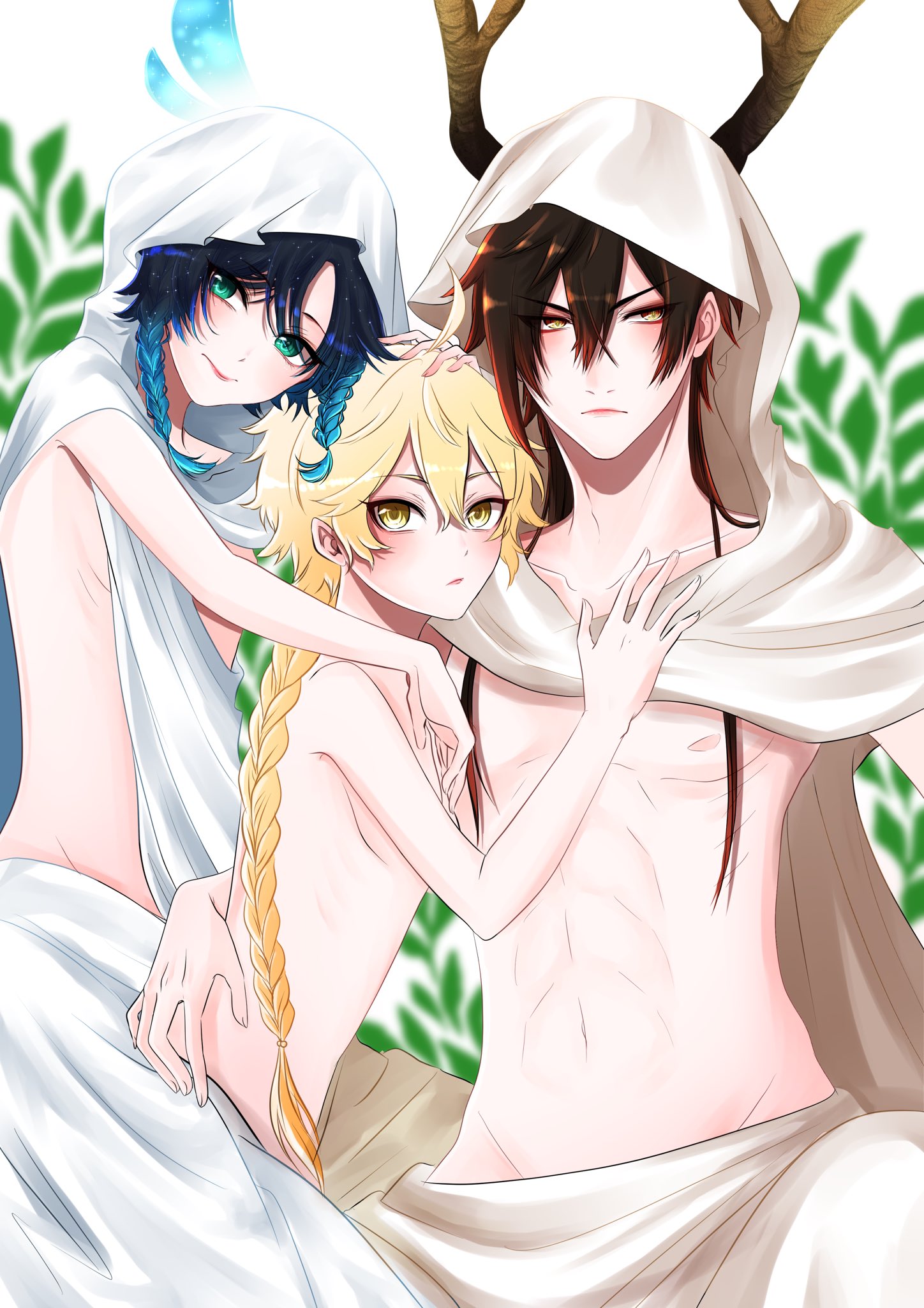 3boys, aether (genshin impact), amber eyes, black hair, blonde hair, brown hair, femboy, gay, genshin impact, green eyes, long hair, male, male only, twink, venti (genshin impact), yaoi, yellow eyes, zhongli (genshin impact)
