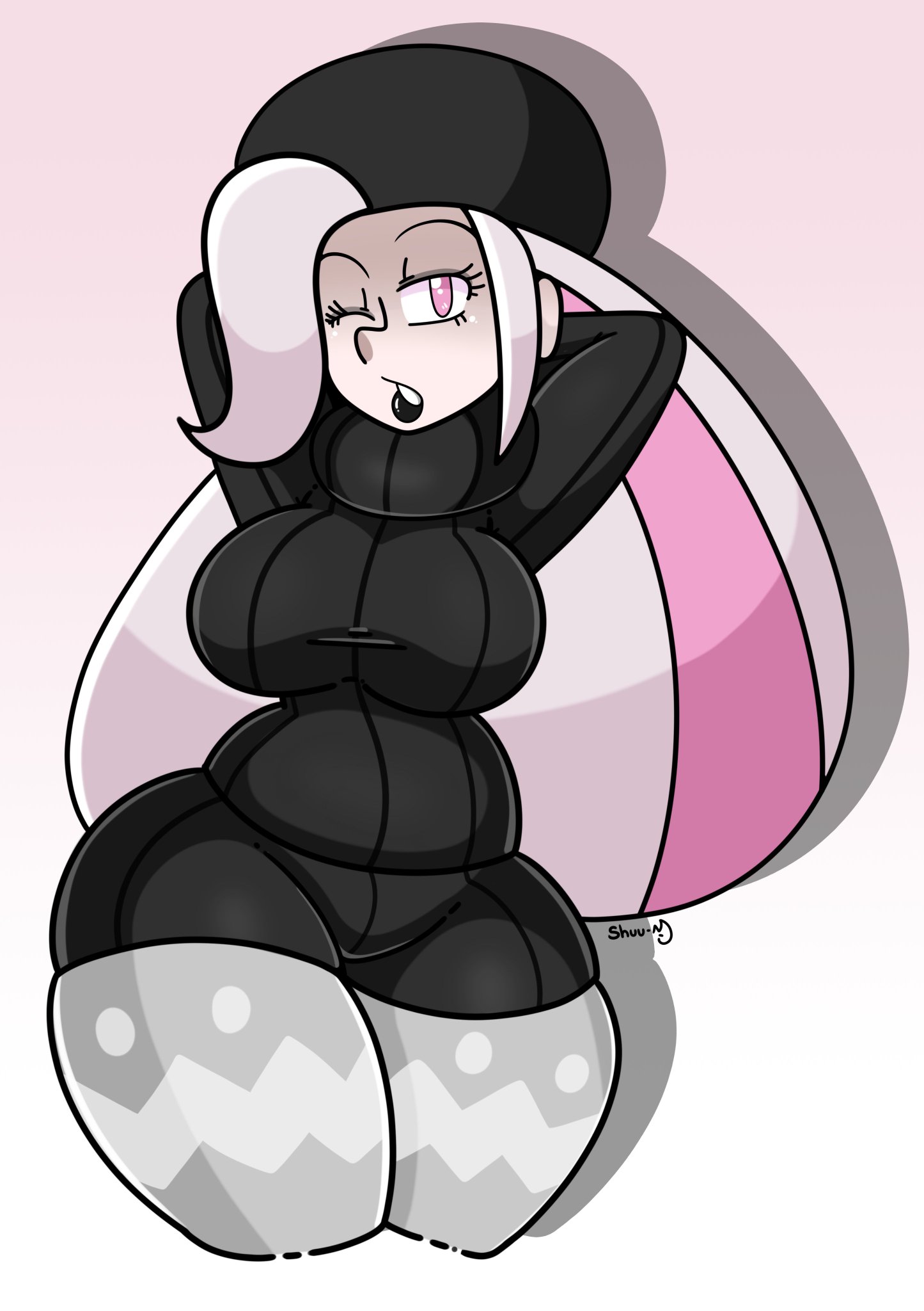1girls, arms behind head, arms up, big breasts, black headwear, black sweater, breasts, cowboy shot, curvy, cute, daisy-pink71, female, fur hat, goth, gothified, gradient background, grey skin, hat, large breasts, lipstick, long hair, long sleeves, looking at viewer, melony (pokemon), milf, nintendo, one eye closed, pink background, pink eyes, pink hair, pokemon, pokemon ss, ribbed sweater, solo, solo female, sweater, thick, thick thighs, turtleneck, turtleneck sweater, white background, wide hips