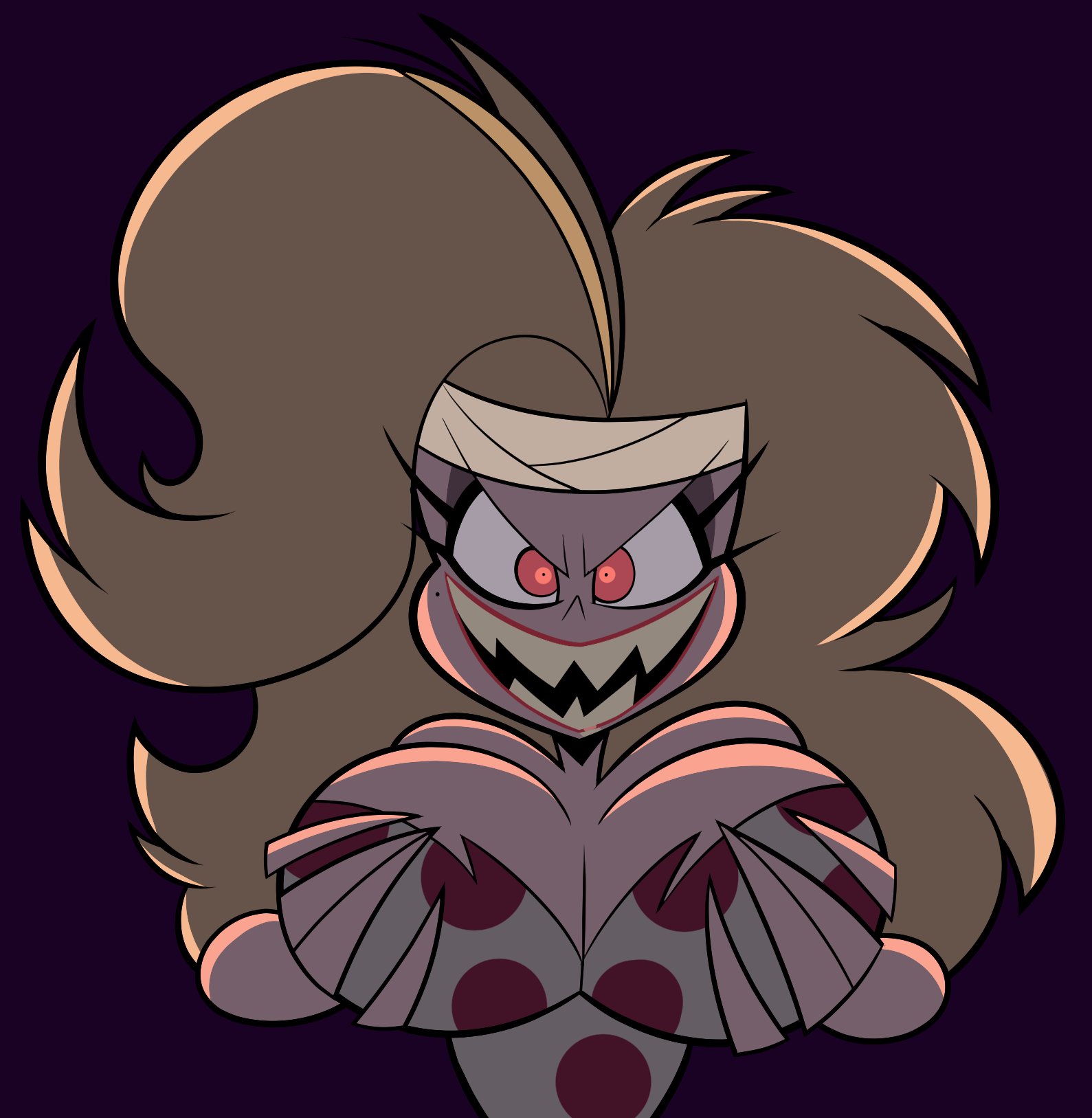 1girls, big breasts, blonde hair, breast grab, breasts, evil grin, eyelashes, female, female only, front view, glowing eyes, grabbing own breast, groping breasts, hands on breasts, helluva boss, huge breasts, long eyelashes, martha (helluva boss), messy hair, milf, mole, mother, oboithisisfunky, red lipstick, ripped clothing, seductive, sharp teeth, simple background, smile, solo, solo female, spindlehorse toons, teeth, vivienne medrano, vivziepop