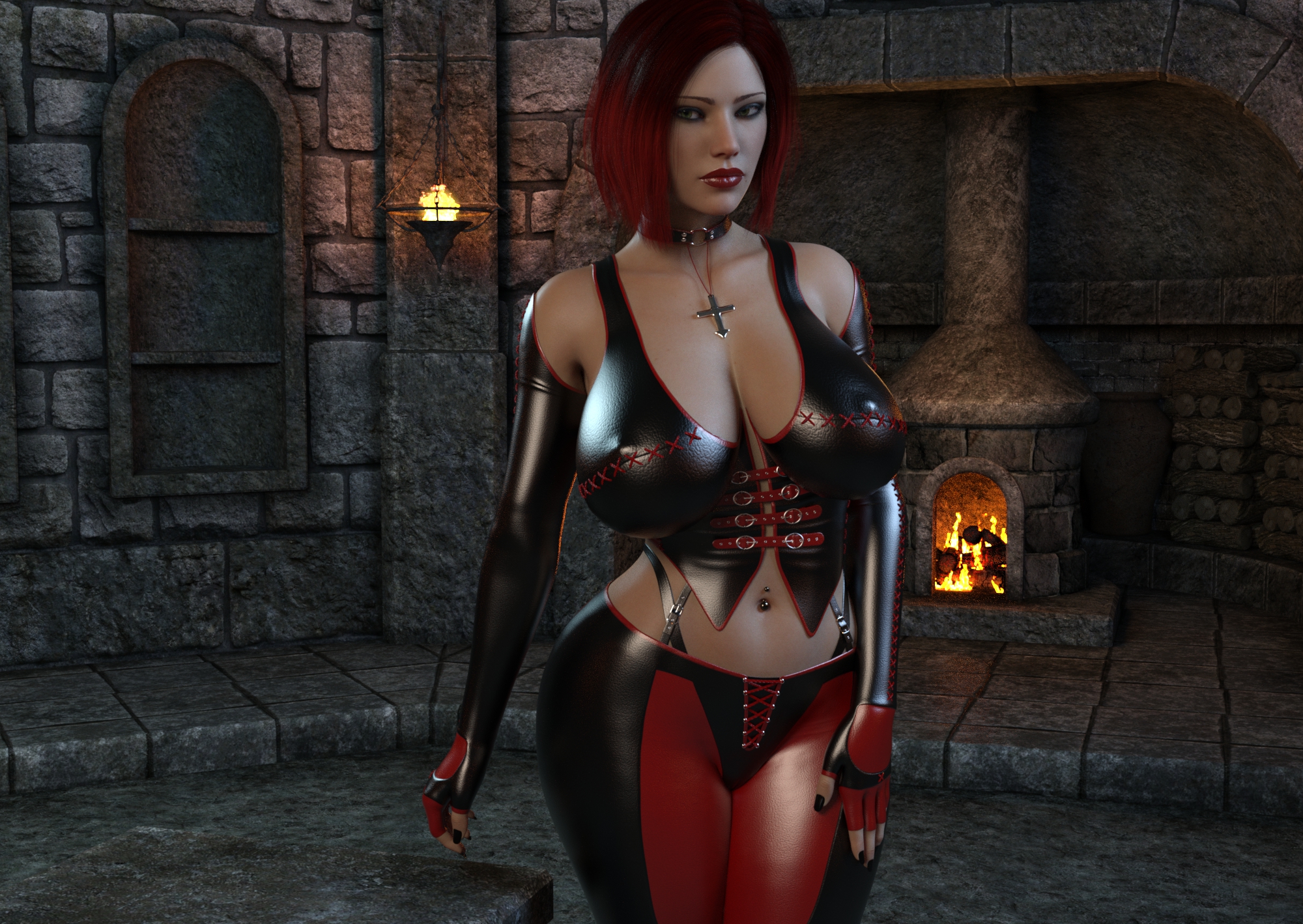 1girls, 3d, big breasts, bloodrayne, breasts, choker, corset, daz studio, daz3d, dhampir, elbow gloves, female, female only, fully clothed, latex, latex gloves, latex suit, looking at viewer, rayne, red hair, short hair, solo, solo female, vampire, vgbabes3d