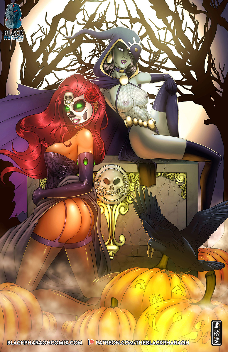 2girls, alien, alien girl, ass, dc, dc comics, female, green eyes, halloween, koriand'r, makeup, multiple females, multiple girls, orange skin, patreon username, pumpkin, rachel roth, raven (dc), red hair, signature, skull, smooth skin, starfire, teen titans, text, theblackpharaoh, topless