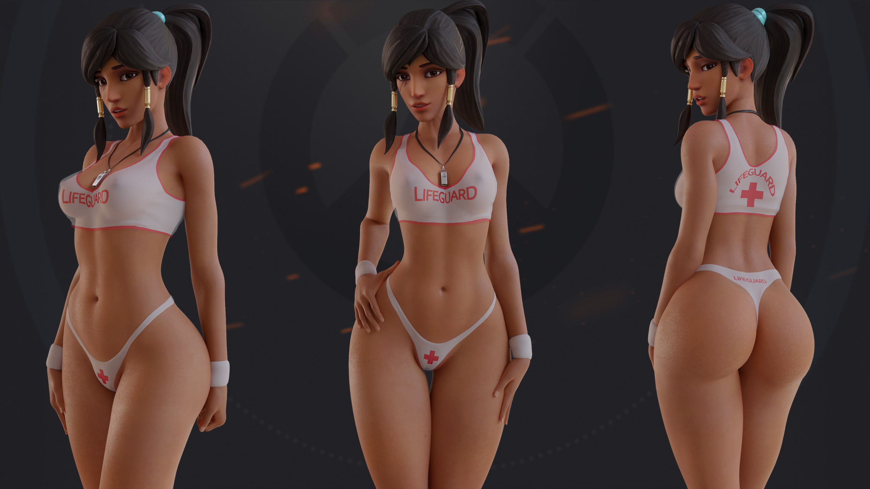 1girls, 3d, arhoangel, ass, big ass, blender, dark skin, dark-skinned female, female, female only, looking at viewer, looking back, overwatch, pharah, pinup, solo, thong