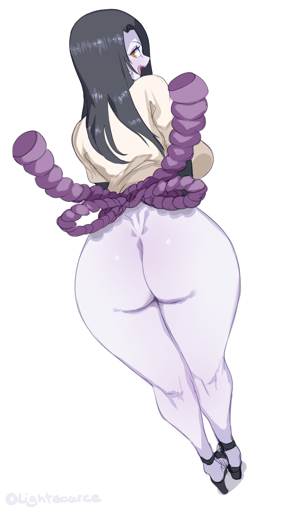 1girls ass big_ass black_hair bottomless_female bubble_ass bubble_butt eyeliner fang fang_out female female_only gende happy high_heels layered_sleeves lightsource looking_at_viewer looking_back naruto orochimama orochimaru pale_skin rope_belt rule_63 slit_pupils smile thick_thighs wide_hips yellow_eyes