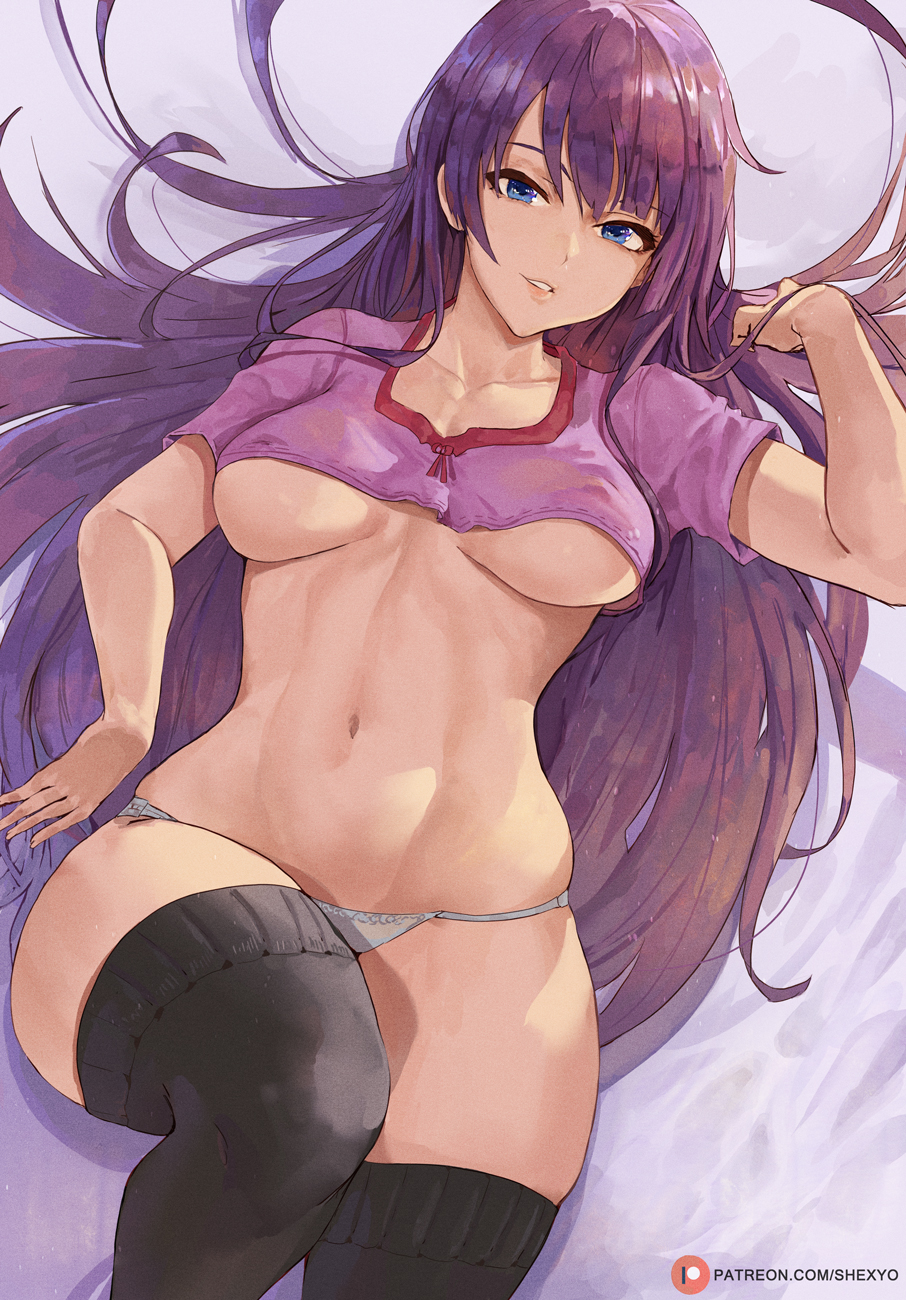 1girls bakemonogatari big_breasts breasts cleavage cutesexyrobutts_(style) large_breasts looking_at_viewer monogatari_(series) panties purple_hair senjougahara_hitagi shexyo solo thick_thighs thighhighs underboob wide_hips