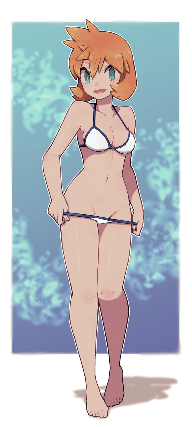 1girls, barefoot, bikini, breasts, cleavage, feet, female, female only, full body, green eyes, kasumi (pokemon), lamb-oic029, light skin, light-skinned female, misty (pokemon hgss), misty (pokemon), nintendo, orange hair, pokemon, pokemon gsc, pokemon hgss, solo, solo female, tagme, toes, two piece swimsuit