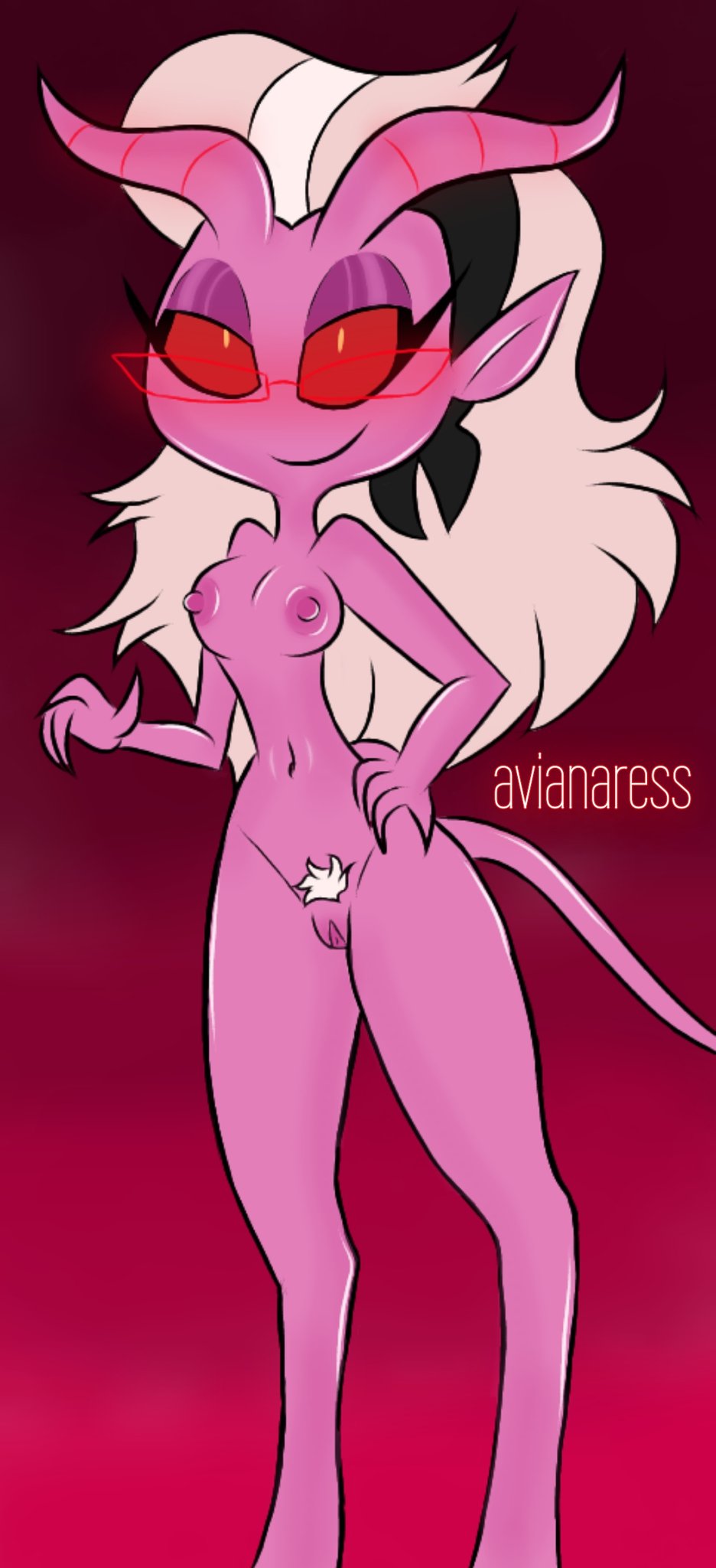 1girls, avianaress, breasts, demon, demon girl, demon horns, demon tail, female, glasses, helluva boss, mayberry (helluva boss), naked, nude, pubic hair, purple skin, pussy, smile, spindlehorse toons, unshaved pussy, vivienne medrano, vivziepop, white hair