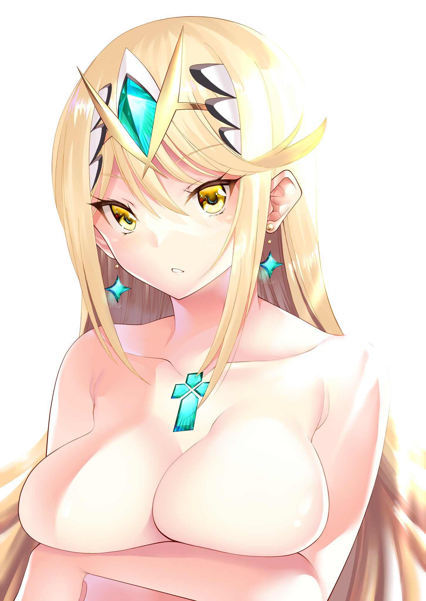 1girls, bangs, blonde hair, breasts, chest jewel, collarbone, daive, earrings, female, highres, jewelry, large breasts, long hair, looking at viewer, mythra, nintendo, nude, simple background, solo, swept bangs, tiara, white background, xenoblade (series), xenoblade chronicles 2, yellow eyes