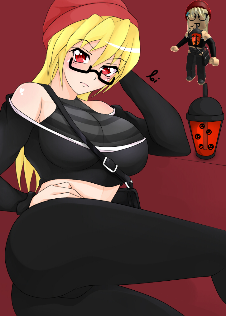 1girls aoitamon artist_signature ass beanie big_breasts black_clothing black_glasses black_leggings black_legwear black_pants black_sleeves black_stripes black_sweater black_tank_top blonde_hair breasts clothed clothed_female crop_top crop_top_hoodie drink female female_only glasses hat hoodie leggings legwear long_hair long_sleeves looking_at_viewer momo_(aoitamon) navel original_character pale-skinned_female pale_skin pants purse pussy_outline red_background red_beanie red_eyes red_hat roblox roblox_avatar shirt simple_background sleeveless_shirt sleeves solo solo_female stomach striped_shirt striped_tank_top stripes sweater tank_top thighs