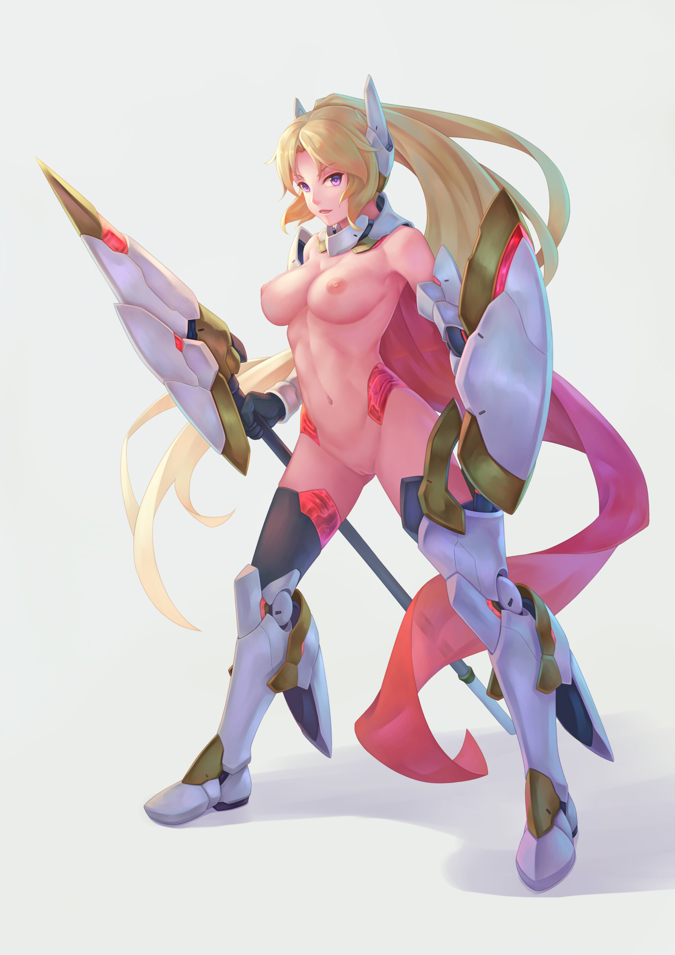 android, bigrbear, blonde hair, breasts, casual exposure, casual nudity, cleavage, elbow gloves, female, female only, long hair, medium breasts, navel, nipples, nude, ponytail, purple eyes, pussy, sideboob, slim, thighhighs, uncensored, underboob