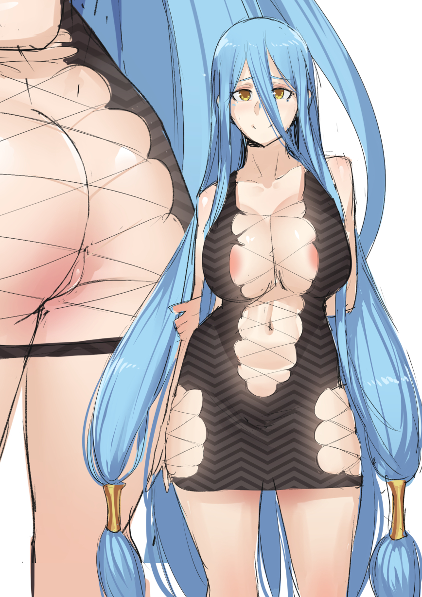 1girls aqua_hair arms_behind_back ass azura_(fire_emblem) bare_legs big_ass big_breasts blue_hair collarbone fire_emblem fire_emblem_fates hair_between_eyes holding_own_arm huge_breasts large_ass large_breasts light_blue_hair long_hair looking_at_viewer midriff nintendo no_bra no_panties no_underwear nude_underneath pussy revealing_clothes shy shy_smile skimpy skimpy_clothes smile stormcow very_long_hair yellow_eyes