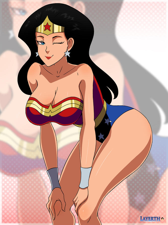 bending over, dc, dc comics, diana prince, female, hands on legs, layerth, leotard, looking at viewer, smirk, tagme, wonder woman, wonder woman (series)