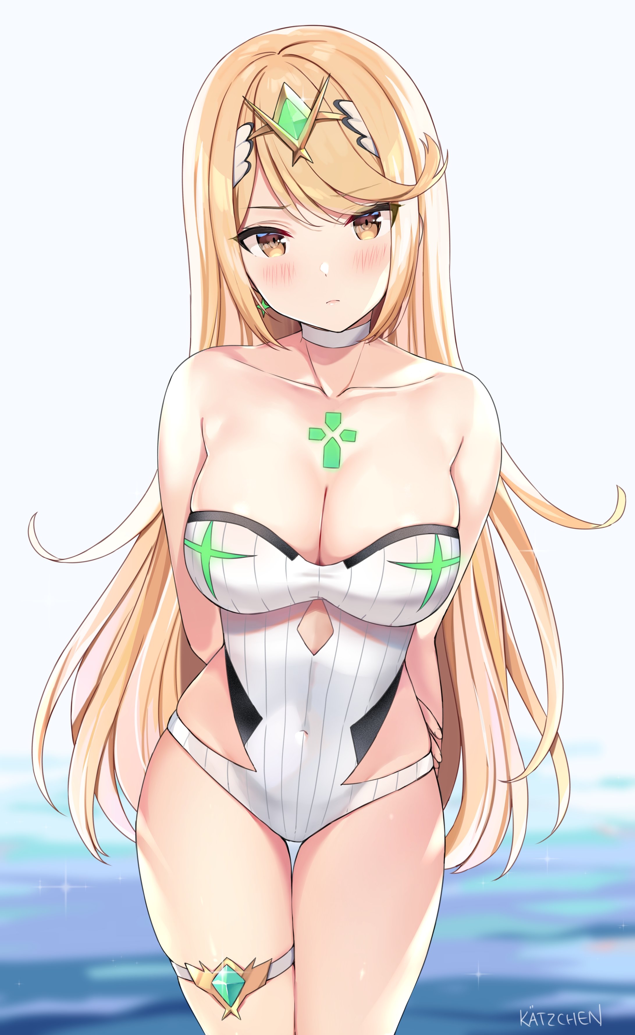 1girls, absurdres, arms behind back, artist name, bangs, bare shoulders, blonde hair, blush, breasts, chest jewel, choker, cleavage, collarbone, commentary request, covered navel, female, gem, highres, kaetzchen, large breasts, long hair, looking at viewer, mythra, nintendo, one-piece swimsuit, sidelocks, signature, solo, swept bangs, swimsuit, thigh strap, thighs, tiara, white swimsuit, xenoblade (series), xenoblade chronicles 2, yellow eyes