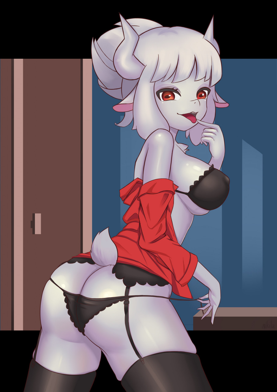 1girls anthro anus ass big_ass big_breasts blush breasts clothing cute cute_fang female fluffy fluffy_tail fur furry goat goat_lucifer_(helltaker) helltaker horn looking_at_viewer looking_back lucifer_(helltaker) mammal miklia nipples open_mouth panties pussy red_eyes sweat tail teeth tongue tongue_out wet white_fur