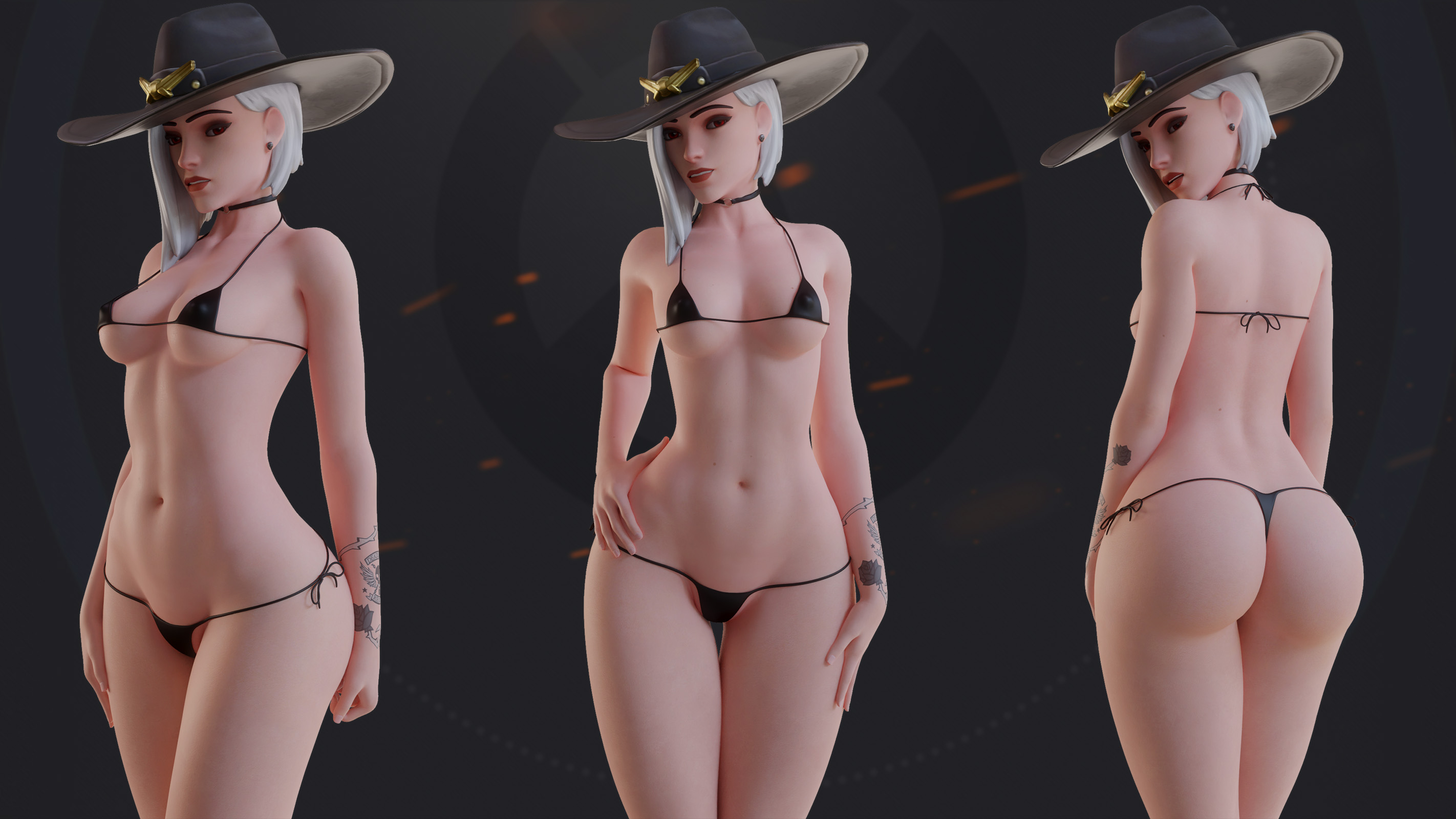 1girls, 3d, arhoangel, ashe (overwatch), ass, big ass, blender, female, female only, looking at viewer, looking back, micro bikini, overwatch, pinup, solo, thong