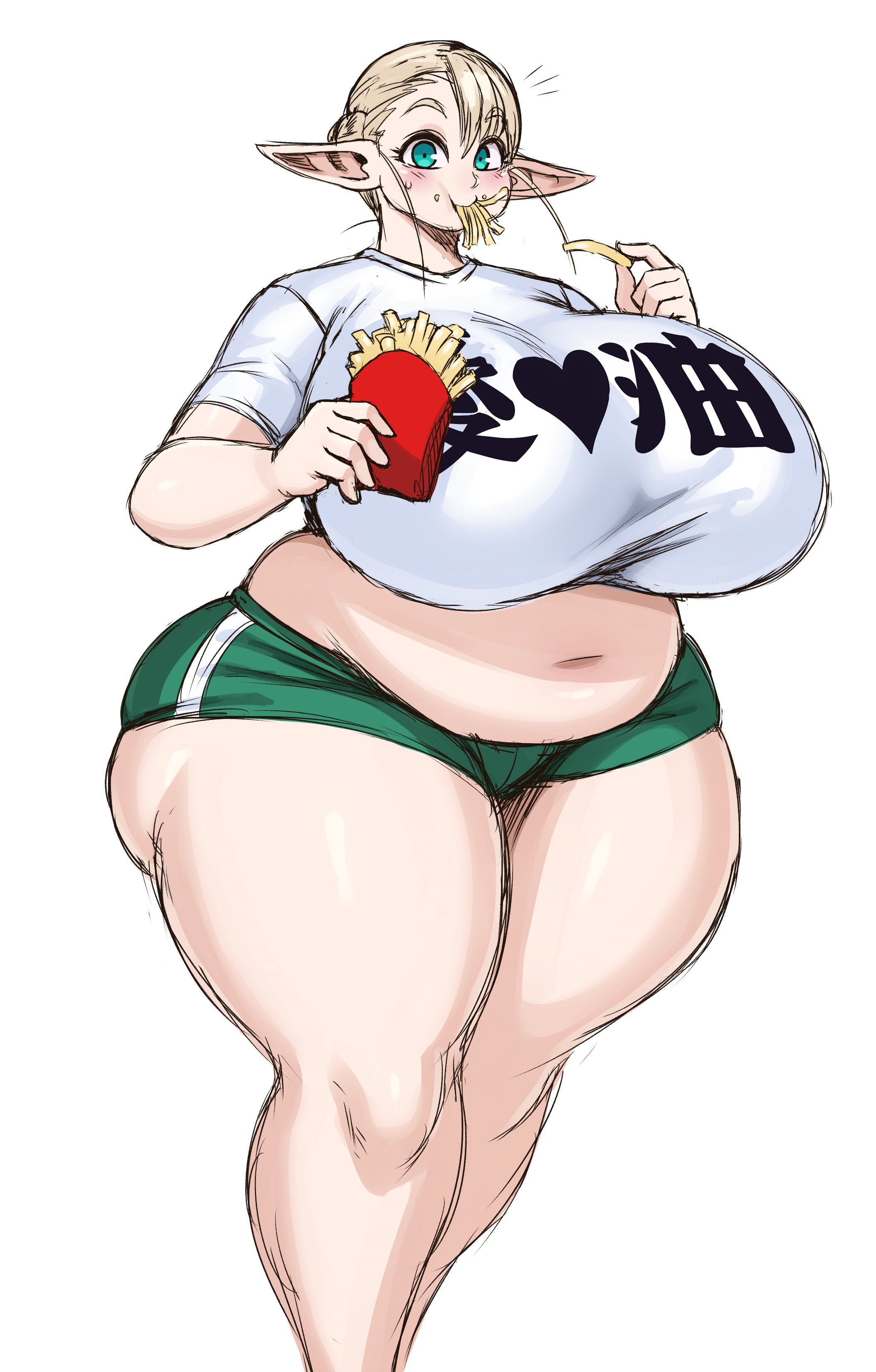 1girls, 2020, ass, bbw, belly, big ass, big breasts, big butt, blonde hair, booty shorts, breasts, bubble ass, bubble butt, chubby, chubby female, clothing, curvy, elf, elf ears, elf-san wa yaserarenai, elfuda, fat ass, female, female only, fries, front view, fully clothed, gigantic breasts, hi res, high resolution, hips, huge ass, huge breasts, huge butt, humanoid, hyper, hyper breasts, large ass, large breasts, legs together, light skin, light-skinned female, long hair, looking at viewer, looking back, pale skin, pale-skinned female, plump, pointy ears, round ass, short hair, short shorts, simple background, sssonic2, synecdoche, thick, thick ass, thick thighs, thighs, tummy, white background, white skin, wide hips, yellow hair