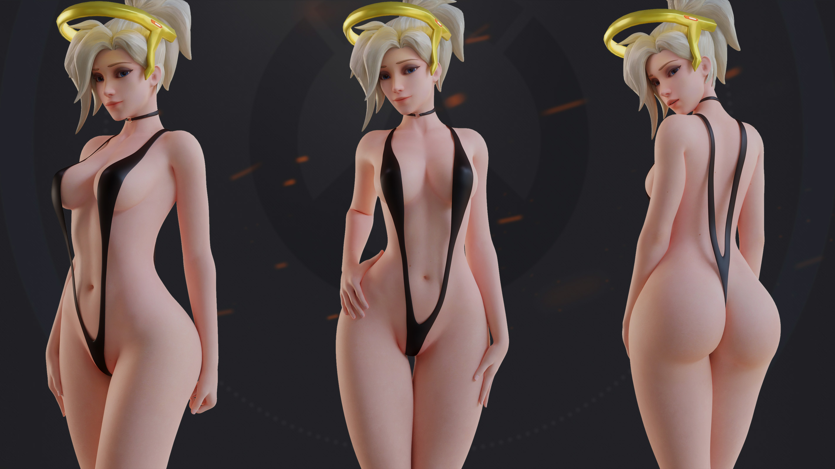 1girls, 3d, arhoangel, ass, big ass, blender, female, female only, looking at viewer, looking back, mercy, overwatch, pinup, sling bikini, solo, thong bikini